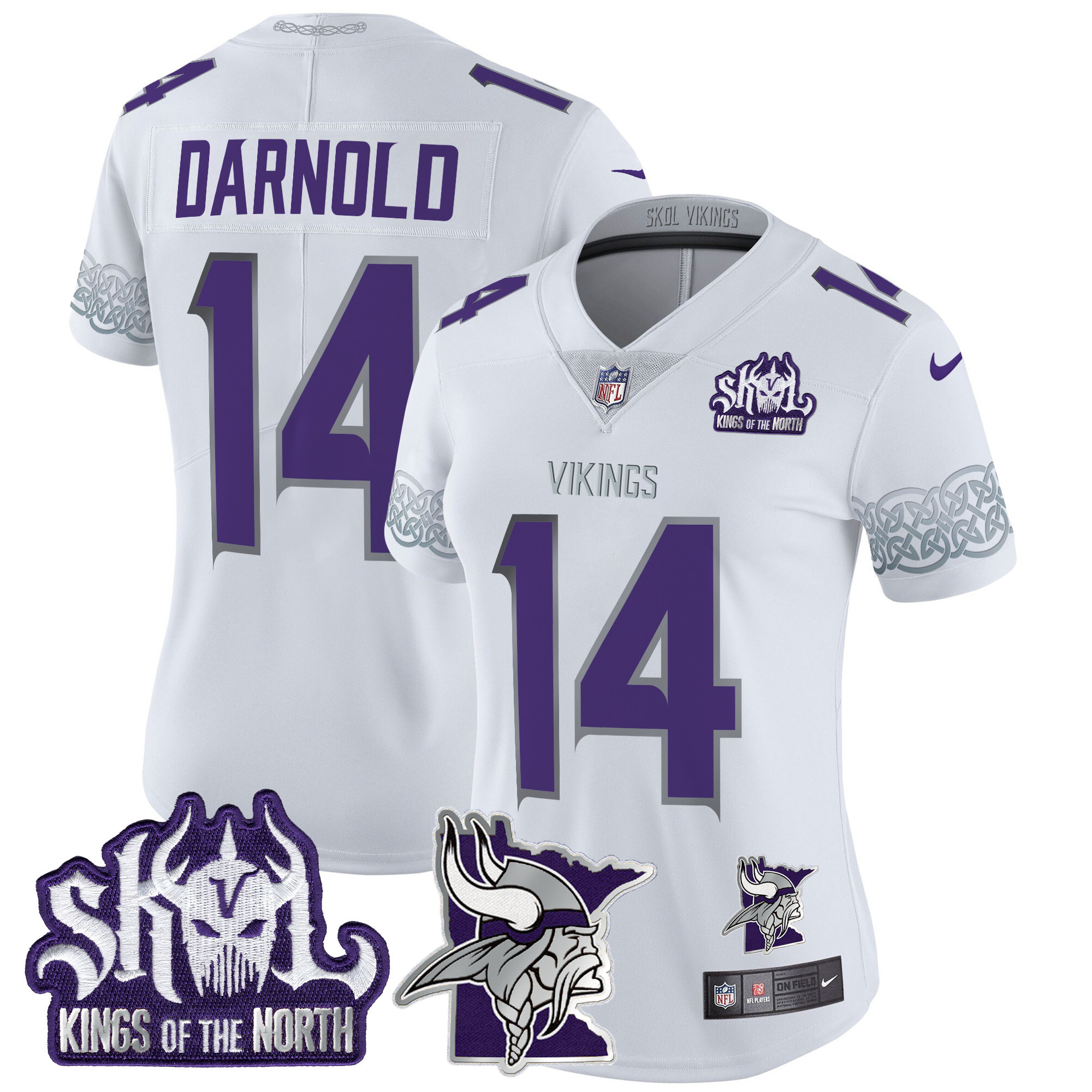 Women's Sam Darnold Minnesota Vikings 2024 Winter Warrior Skol Patch Vapor Limited White Jersey V2 - All Stitched