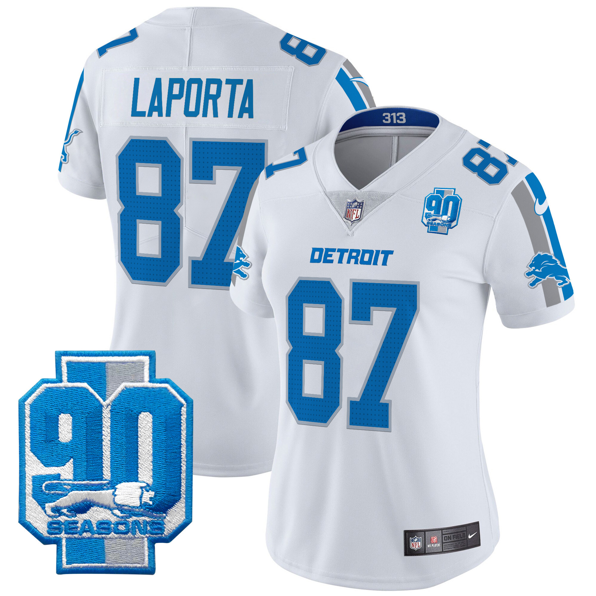 Women's Sam Laporta Detroit Lions 90th Year Patch Vapor Limited White Jersey - All Stitched