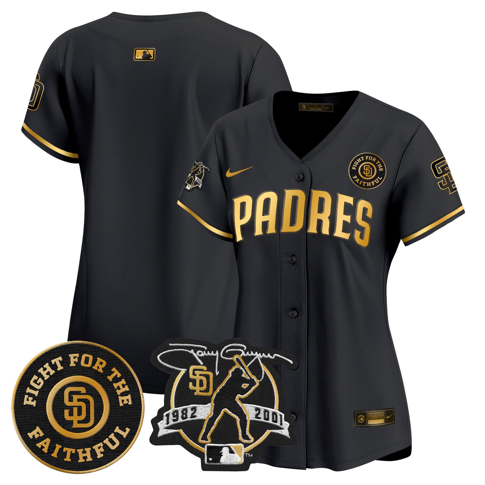 Women's San Diego Padres Tony Gwynn & Faithful Patch Vapor Premier Limited Black Gold Jersey Ã± All Stitched