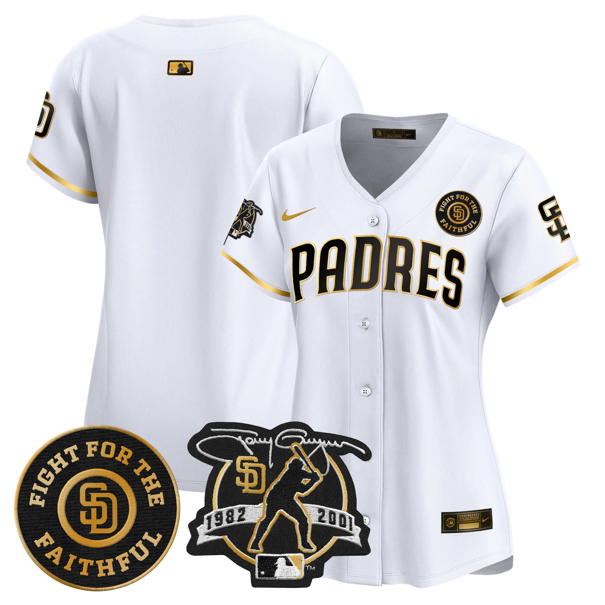Women's San Diego Padres Tony Gwynn & Faithful Patch Vapor Premier Limited White Gold Jersey Ã± All Stitched