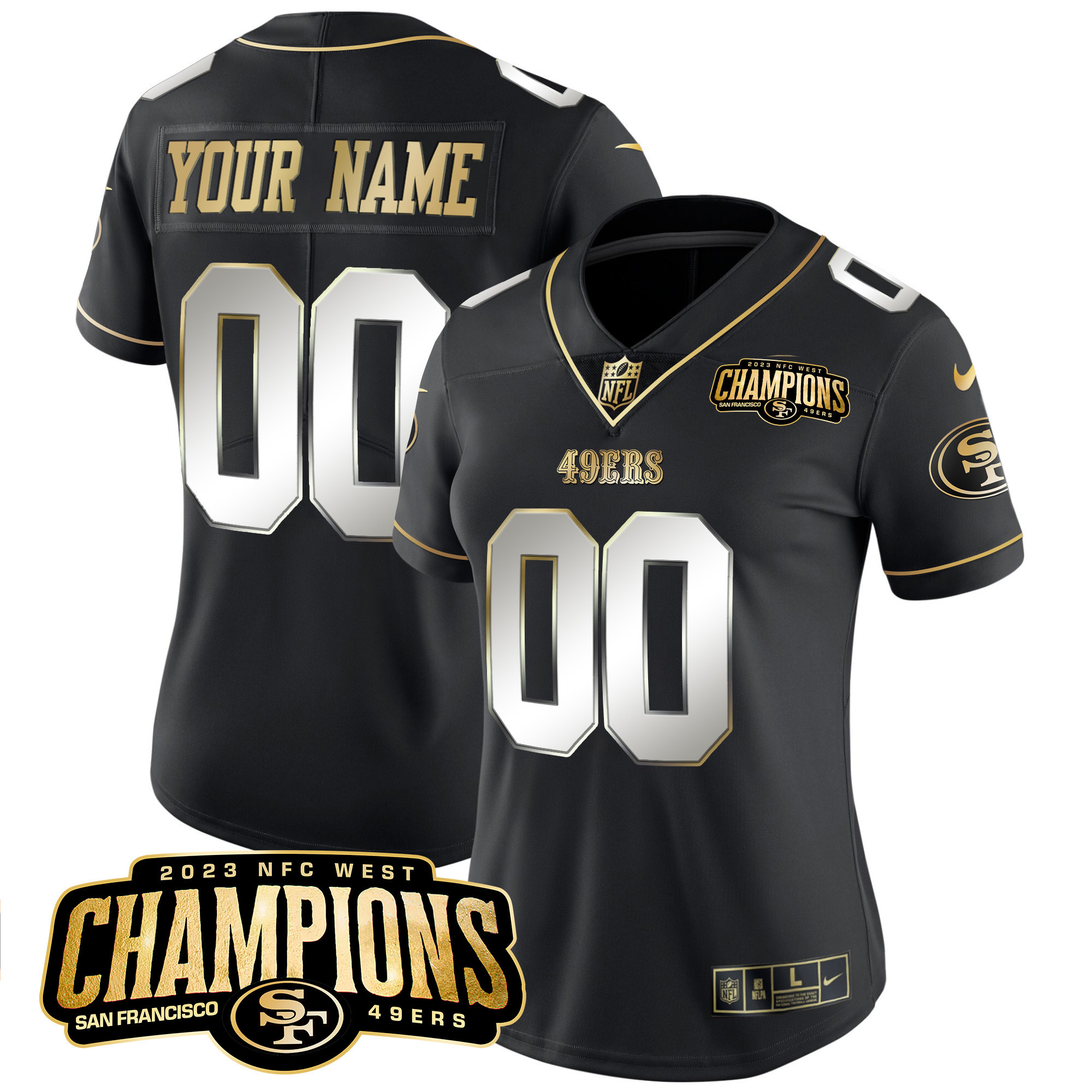 Women's San Francisco 49ers 2023 NFC West Champions Patch Vapor Black Limited Jersey V2 - All Stitched