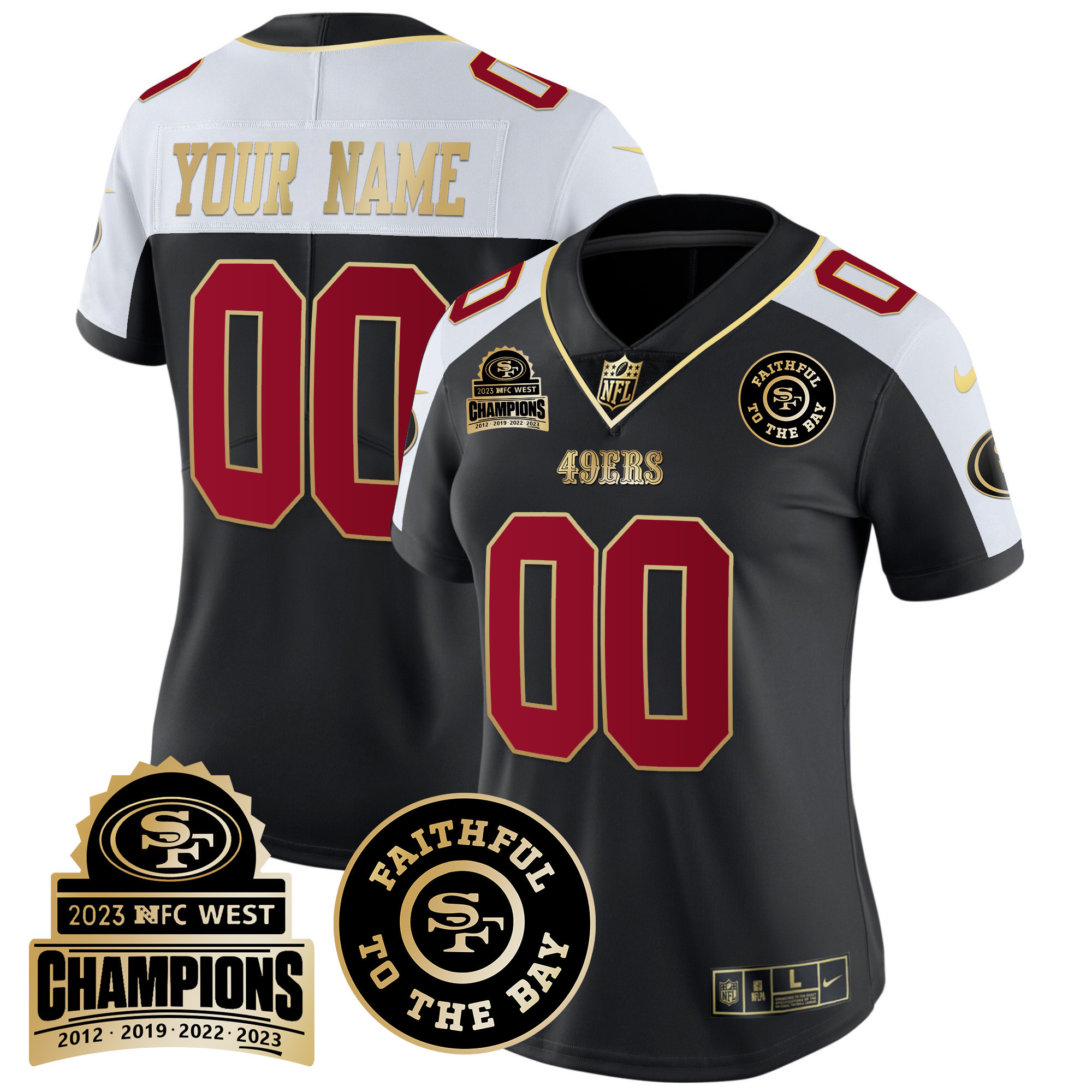 Women's San Francisco 49ers 2023 NFC West Champions Patch Vapor Custom Black Alternate Jersey V3 - All Stitched