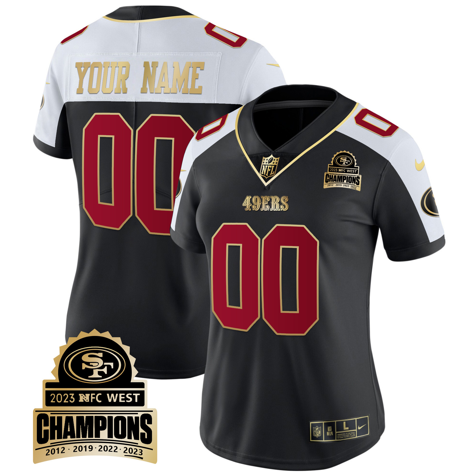 Women's San Francisco 49ers 2023 NFC West Champions Patch Vapor Custom Black Alternate Jersey V4 - All Stitched