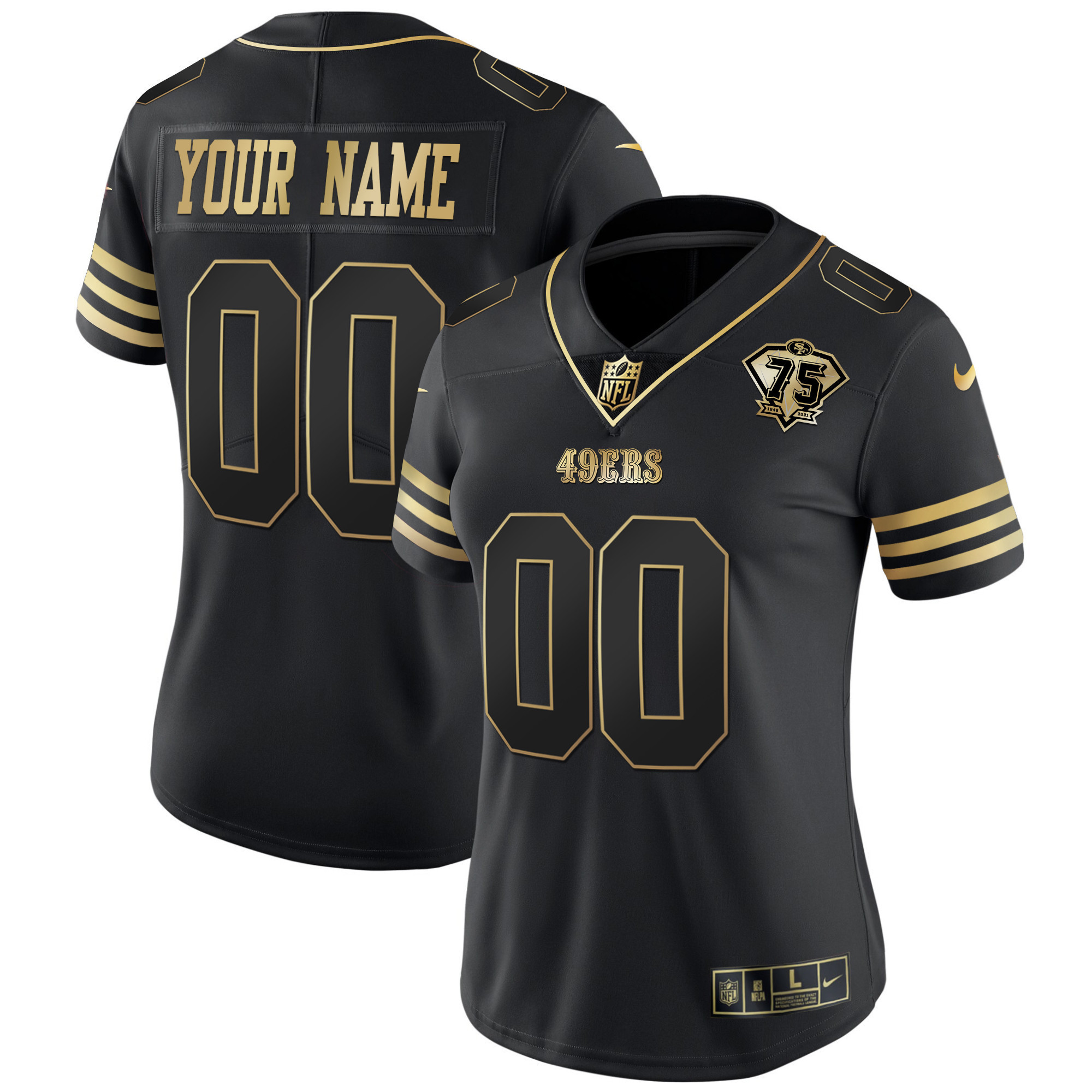 Women's San Francisco 49ers 75th Anniversary Patch Vapor Gold Custom Black Gold Jersey - All Stitched