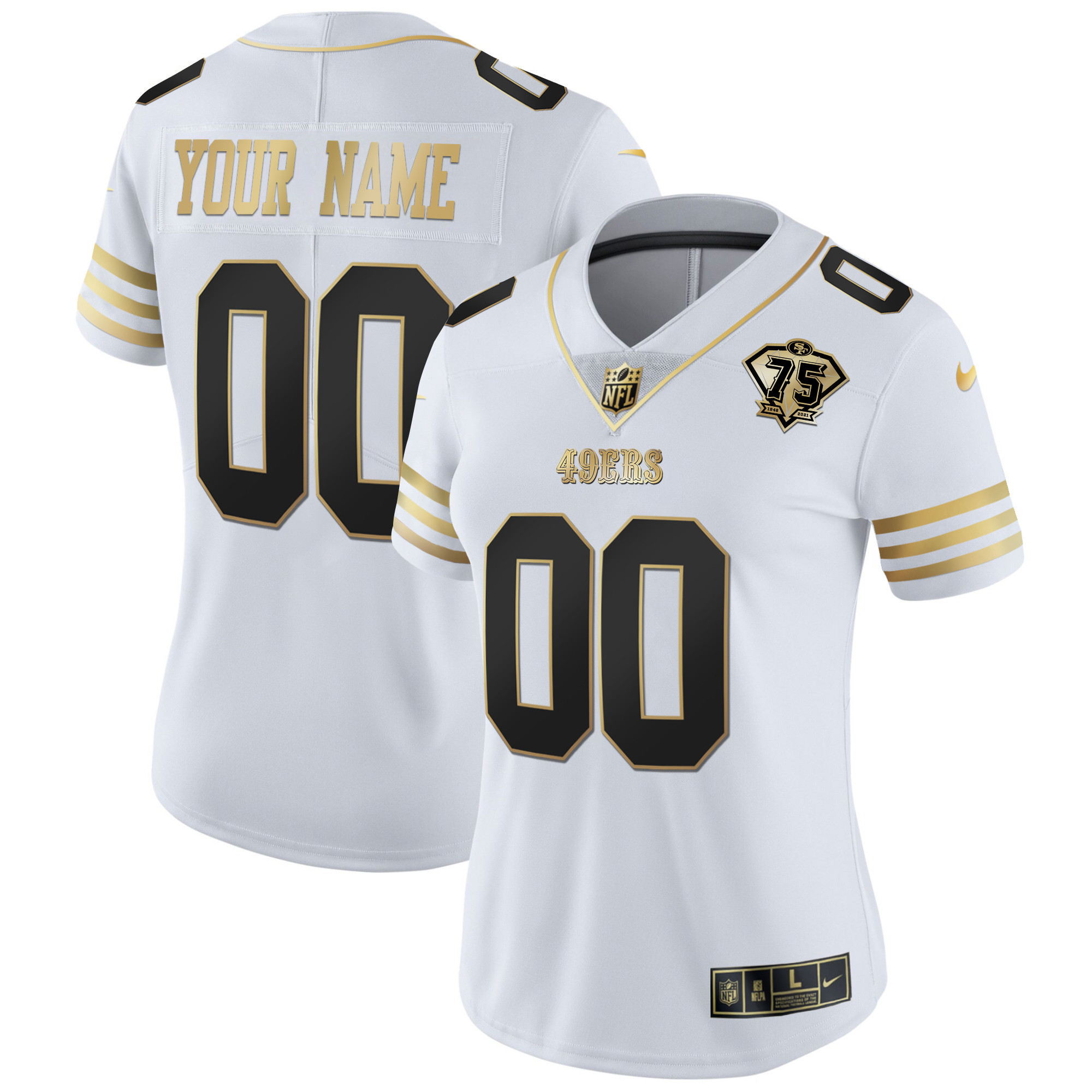 Women's San Francisco 49ers 75th Anniversary Patch Vapor Gold Custom White Gold Jersey - All Stitched