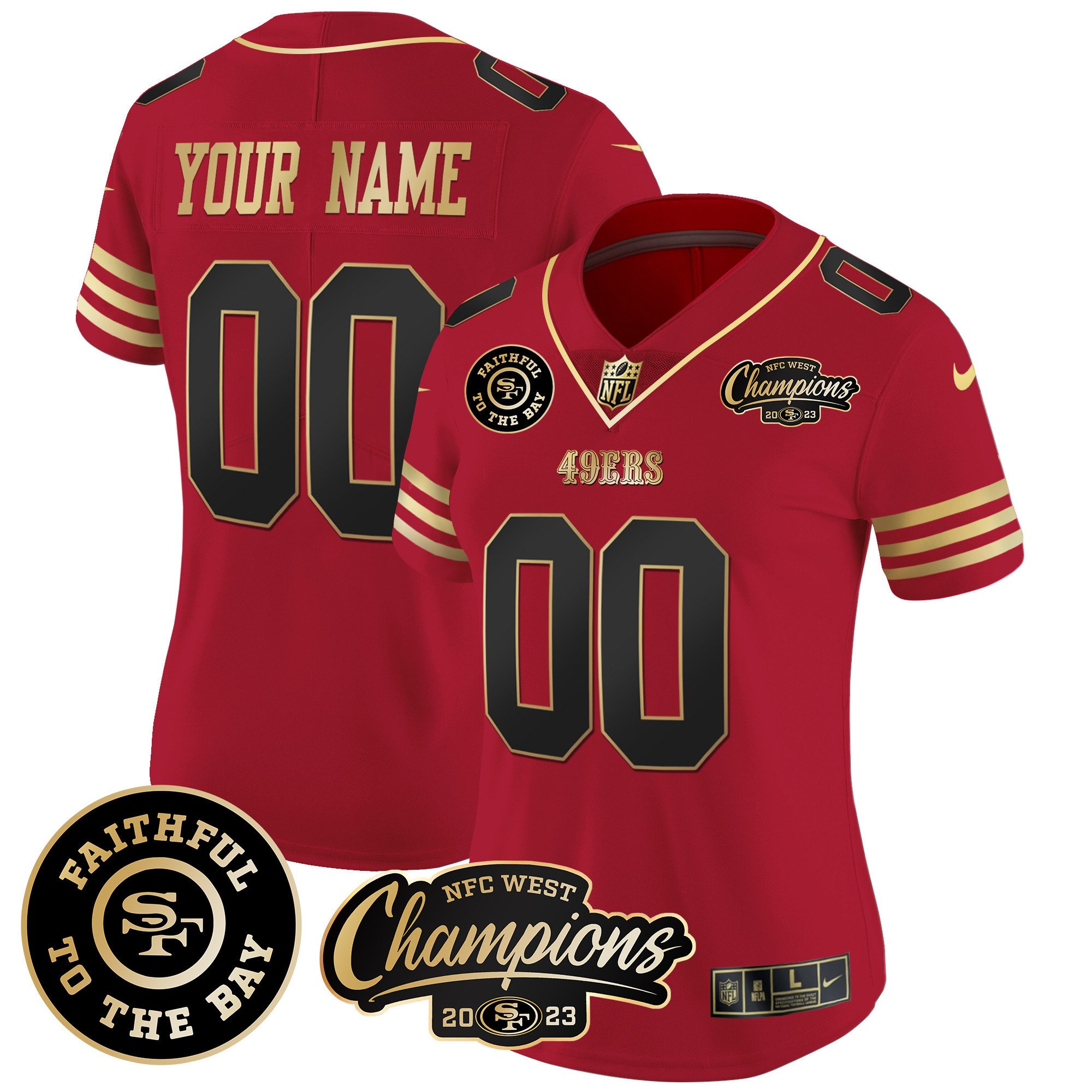 Women's San Francisco 49ers Faithful & 2023 NFC West Champions Patch Vapor Custom Black Scarlet Jersey - All Stitched