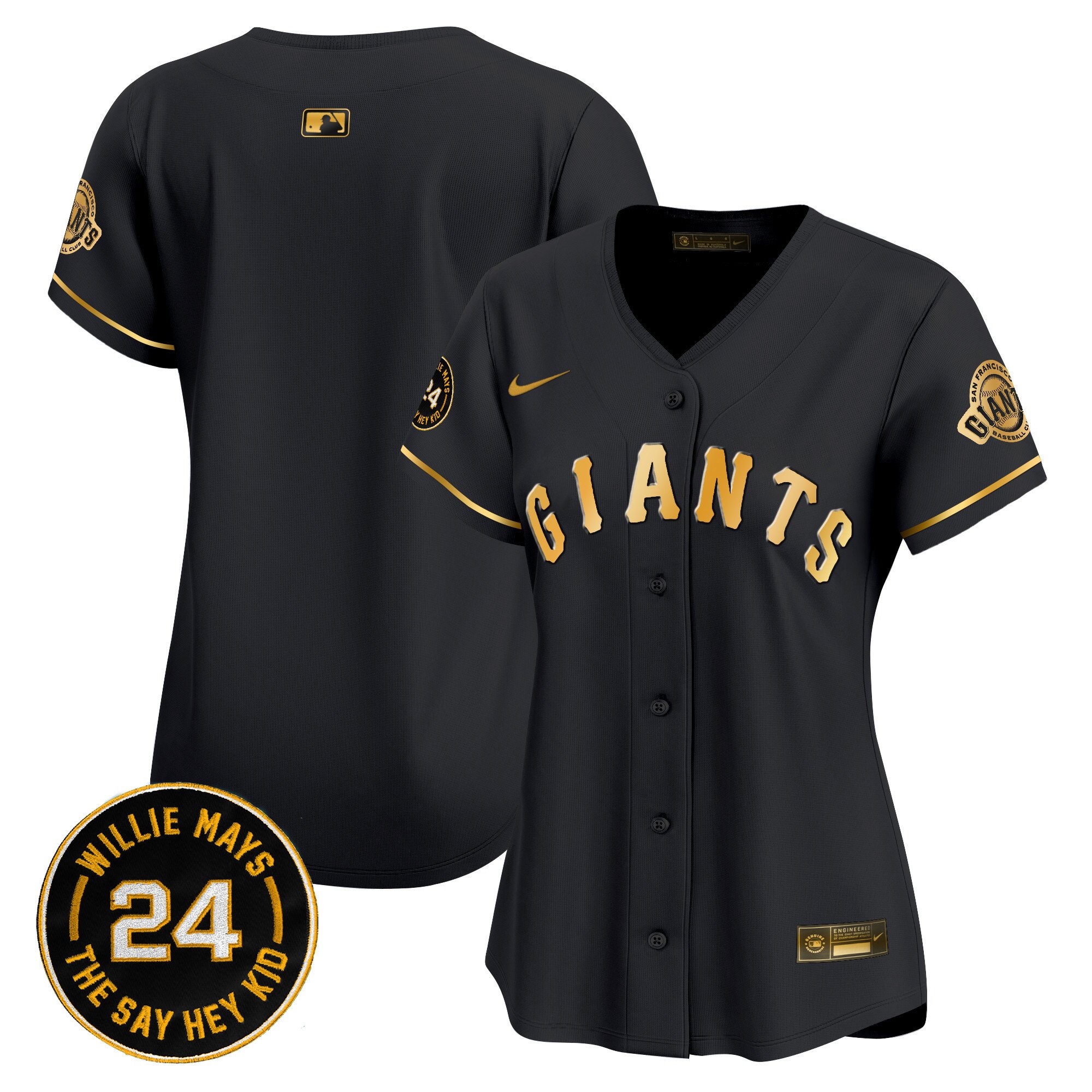 Women's San Francisco Giants 2024 Willie Mays Patch Vapor Premier Limited Black Gold Jersey - All Stitched