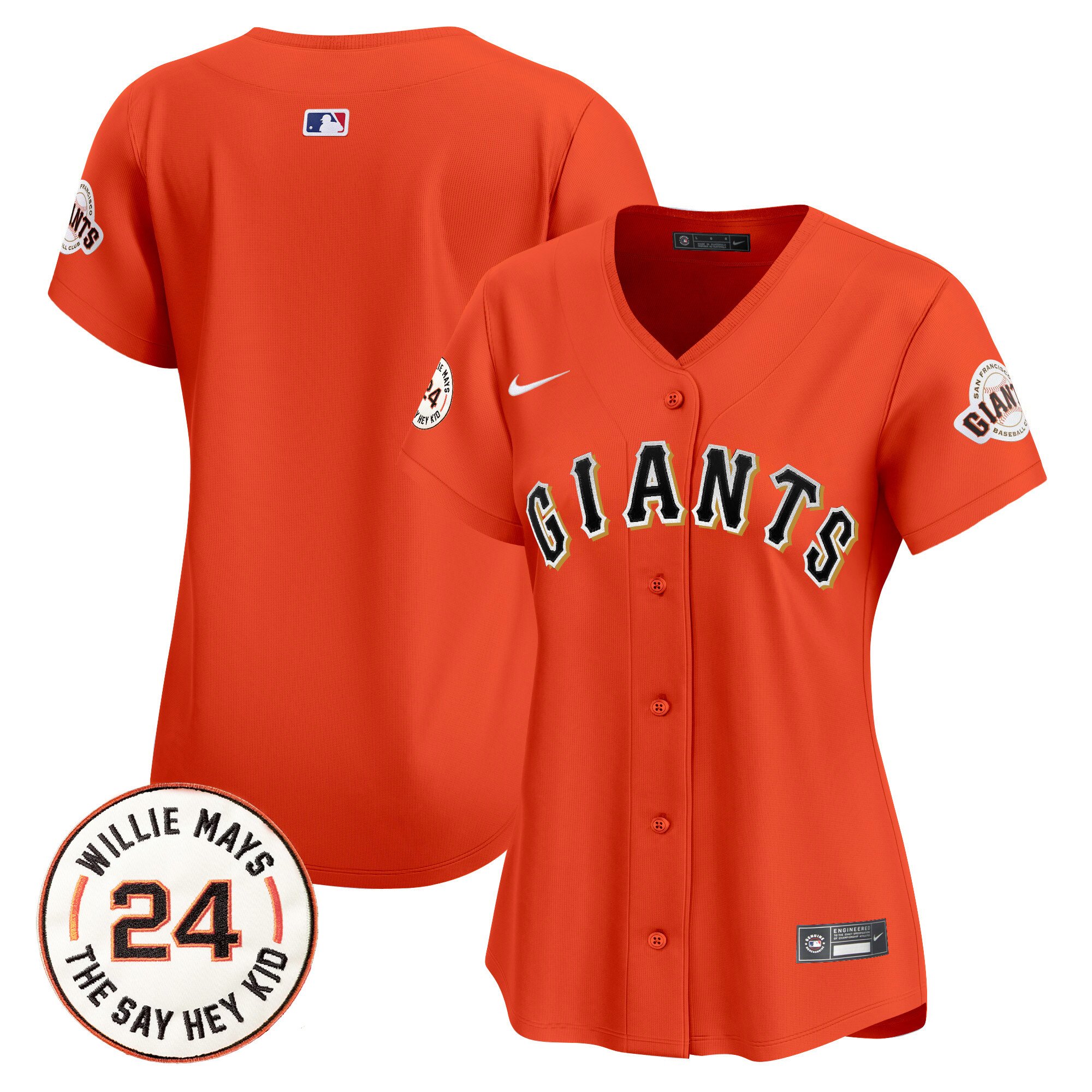 Women's San Francisco Giants 2024 Willie Mays Patch Vapor Premier Limited Orange Jersey - All Stitched