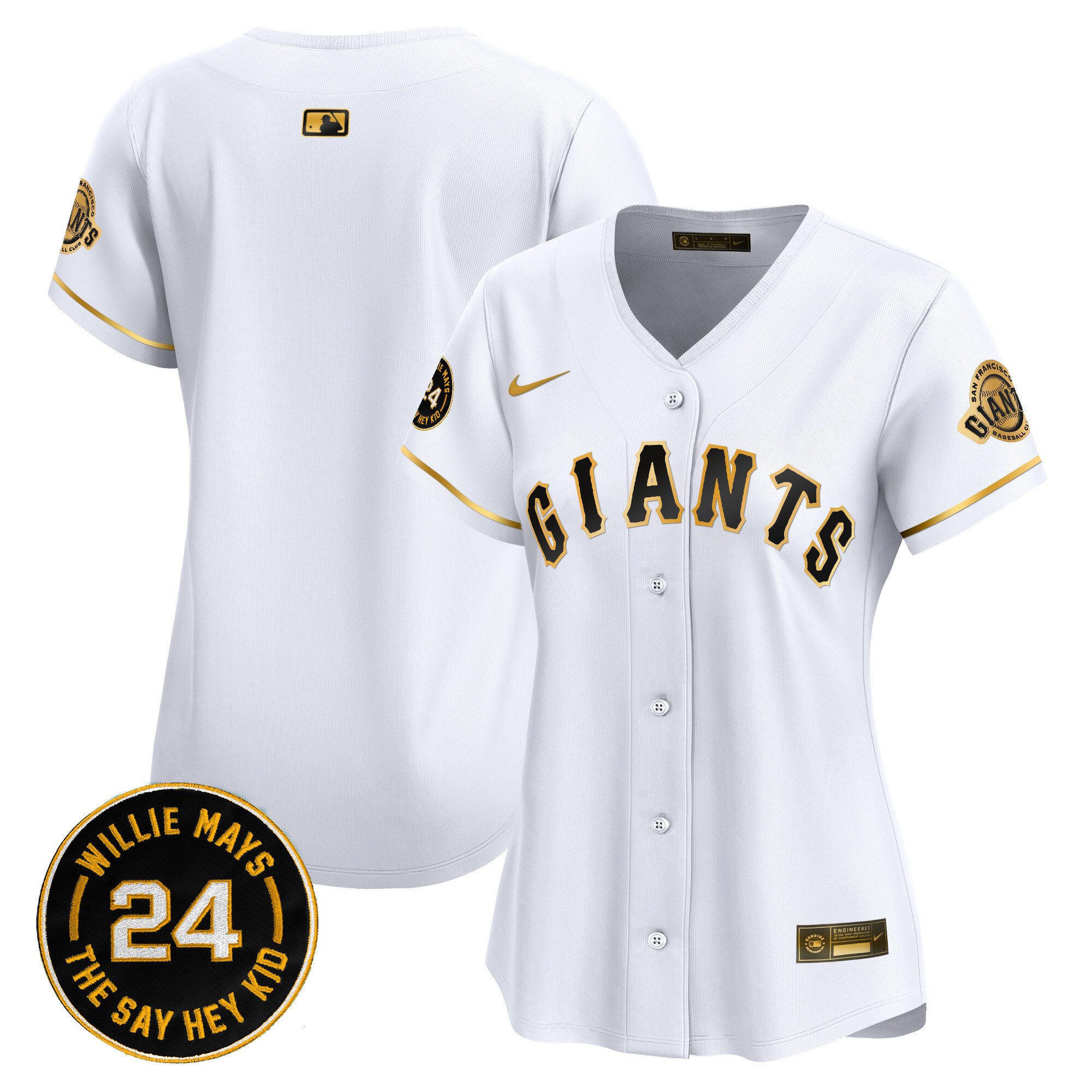 Women's San Francisco Giants 2024 Willie Mays Patch Vapor Premier Limited White Gold Jersey - All Stitched