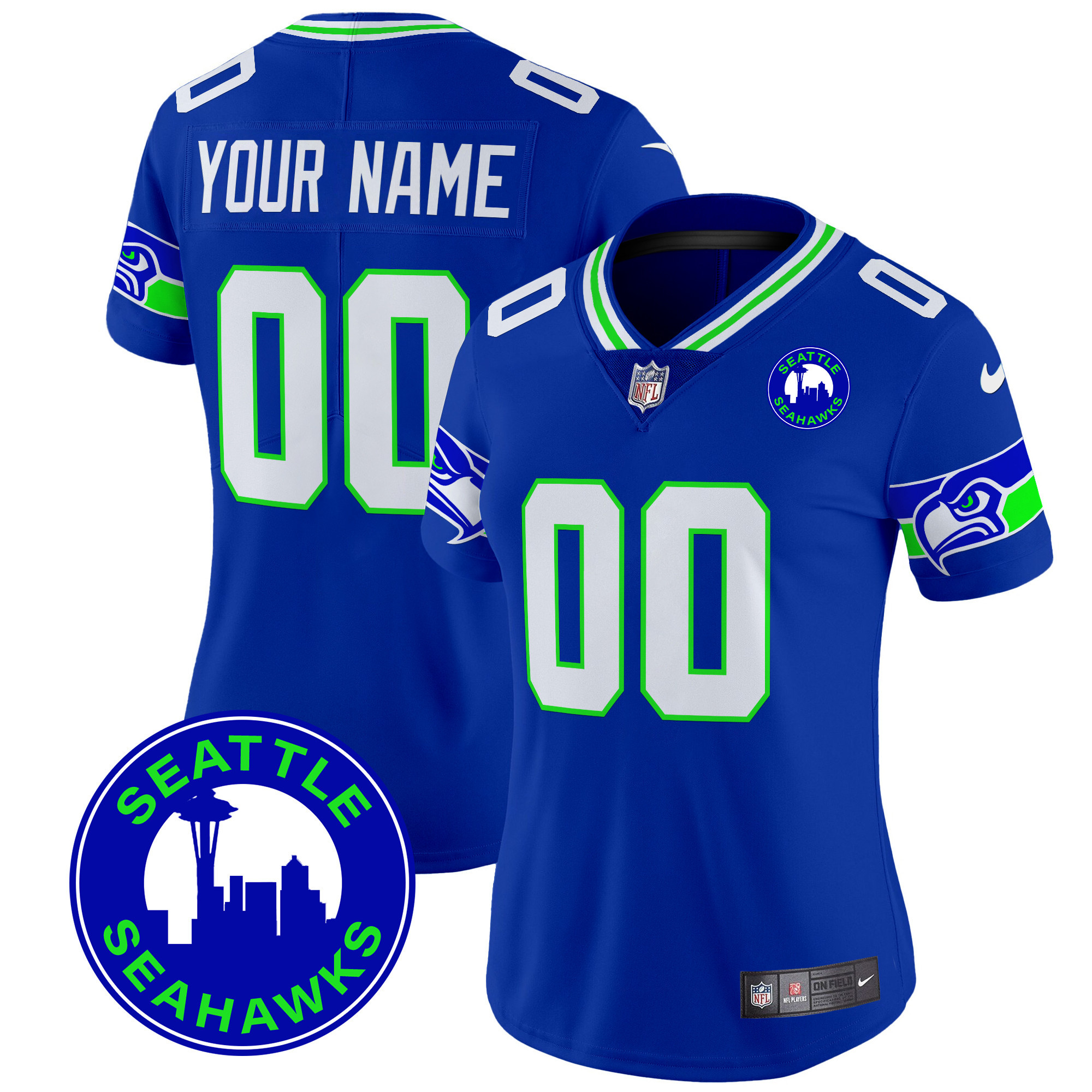 Women's Seattle Seahawks 2024 Seattle City Patch Vapor Limited Custom Royal Jersey - All Stitched