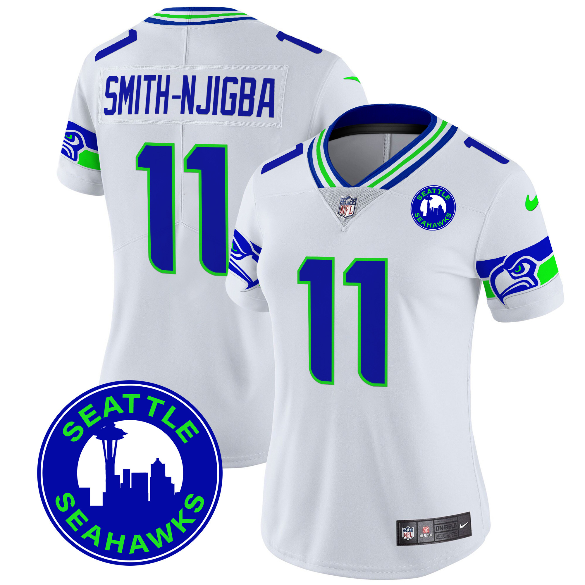 Women's Smith-Njigba Seattle Seahawks 2024 Seattle City Patch Vapor Limited White Jersey - All Stitched