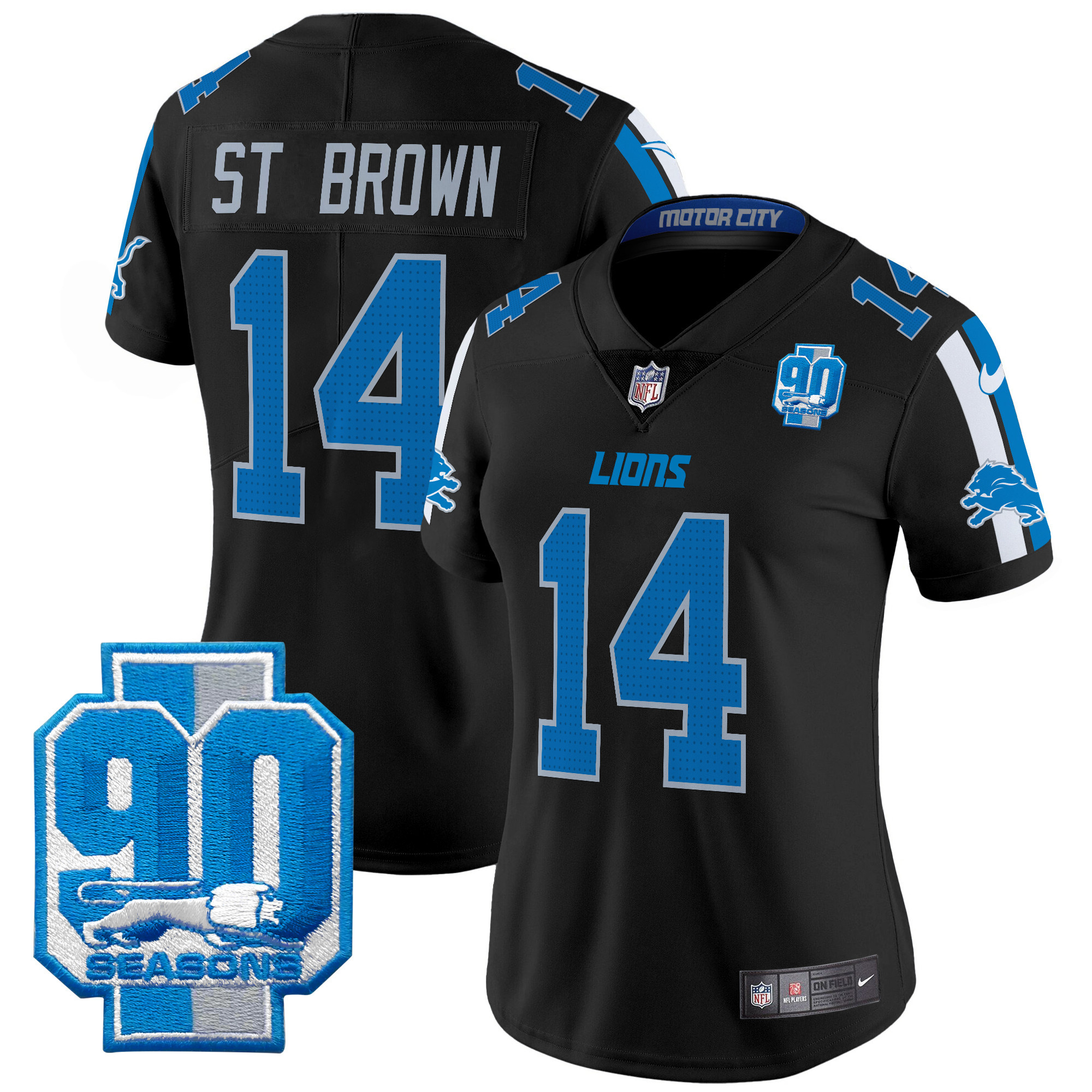 Women's St. Brown Detroit Lions 90th Year Patch Vapor Limited Black Jersey - All Stitched