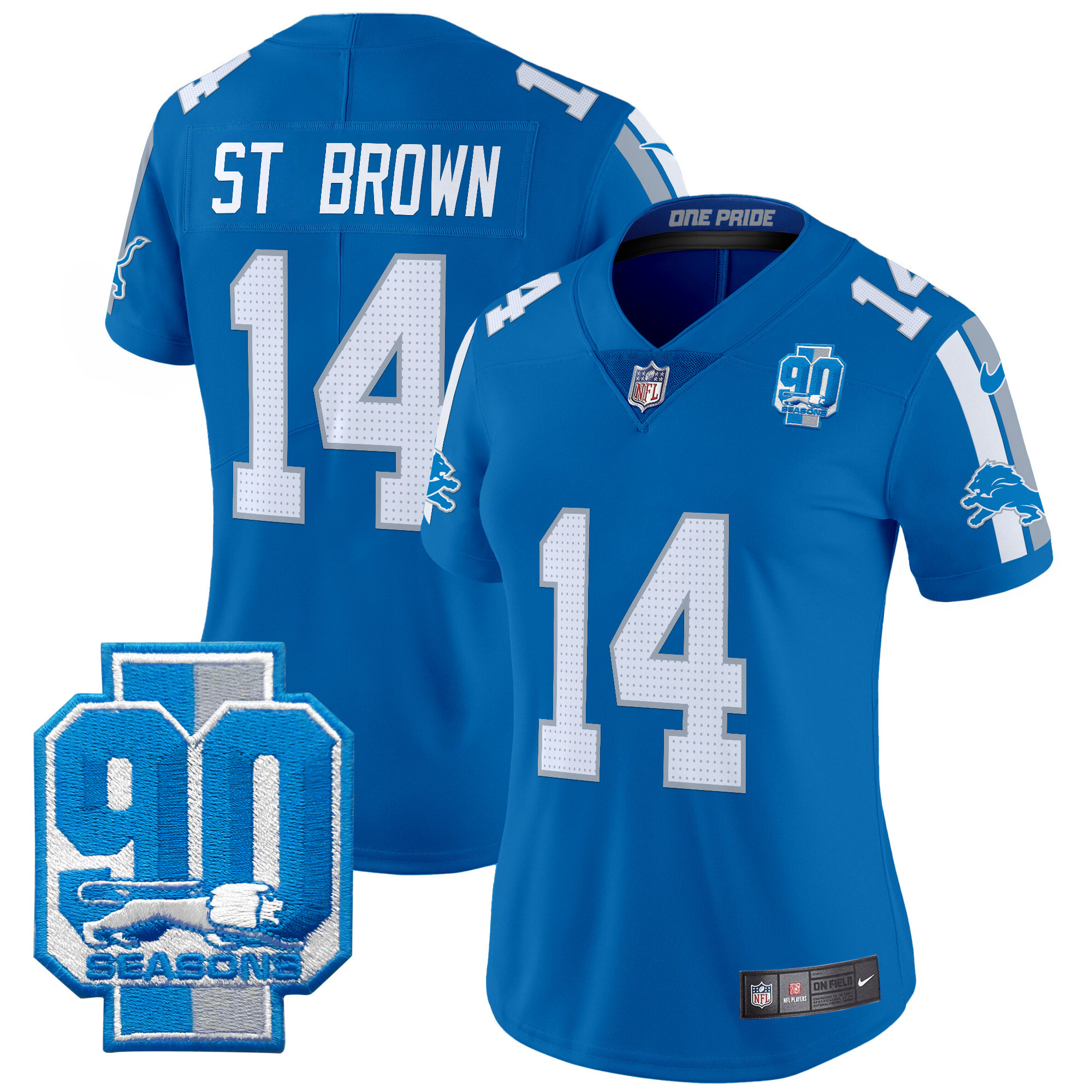 Women's St. Brown Detroit Lions 90th Year Patch Vapor Limited Blue Jersey - All Stitched