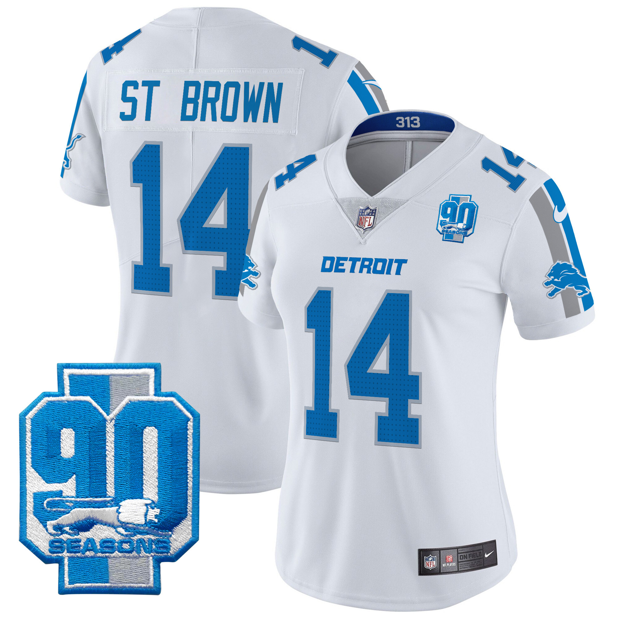 Women's St. Brown Detroit Lions 90th Year Patch Vapor Limited White Jersey - All Stitched