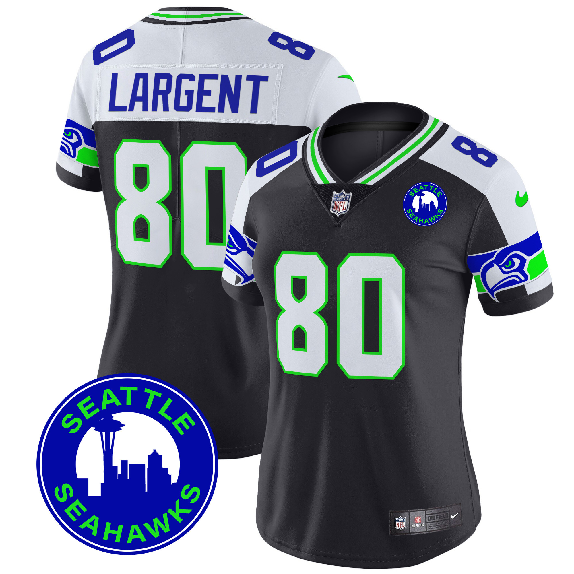 Women's Steve Largent Seattle Seahawks 2024 Seattle City Patch Vapor Limited Black Alternate Jersey - All Stitched