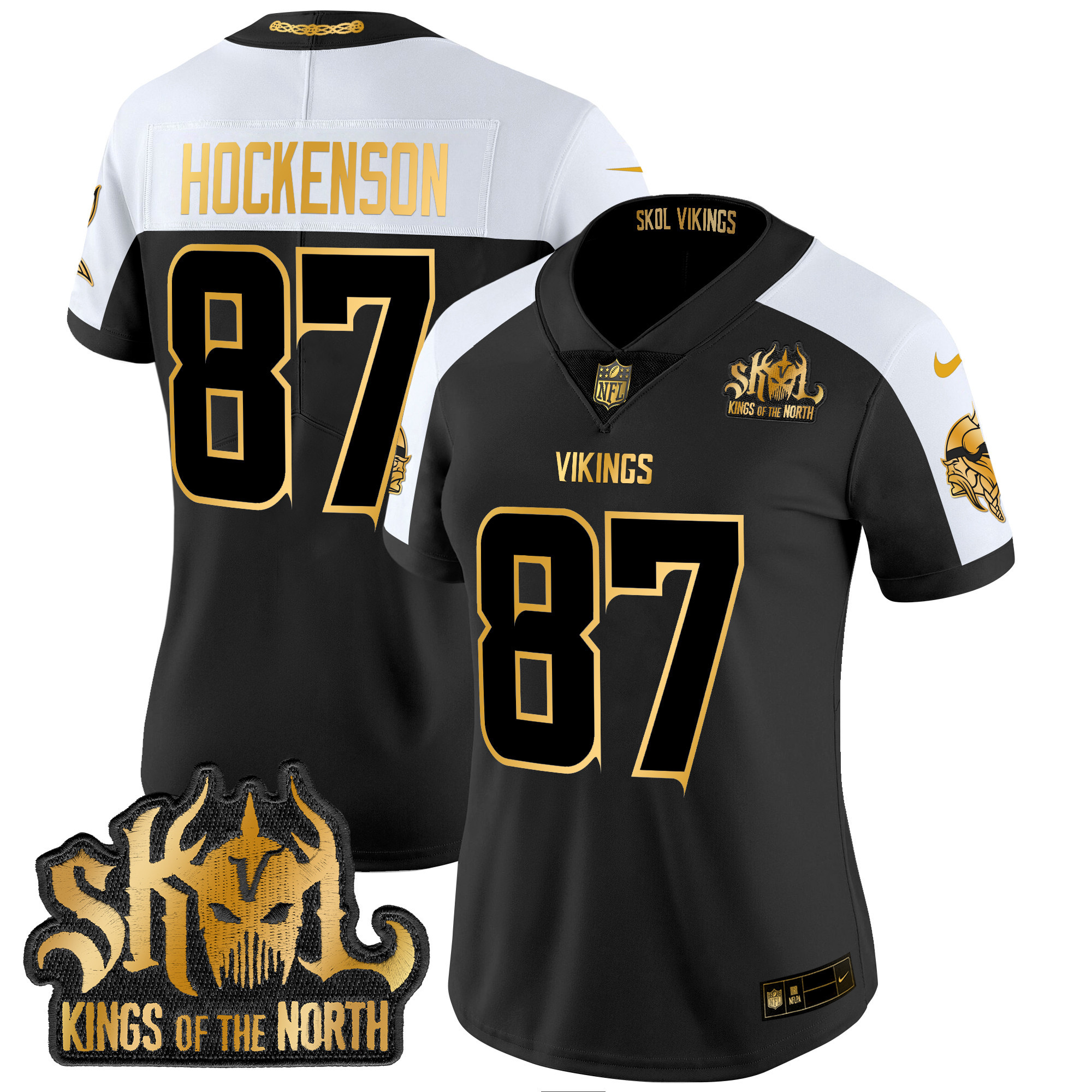 Women's T.J. Hockenson Minnesota Vikings 2024 Winter Warrior Skol Patch Gold Vapor Limited Alternate Jersey - All Stitched