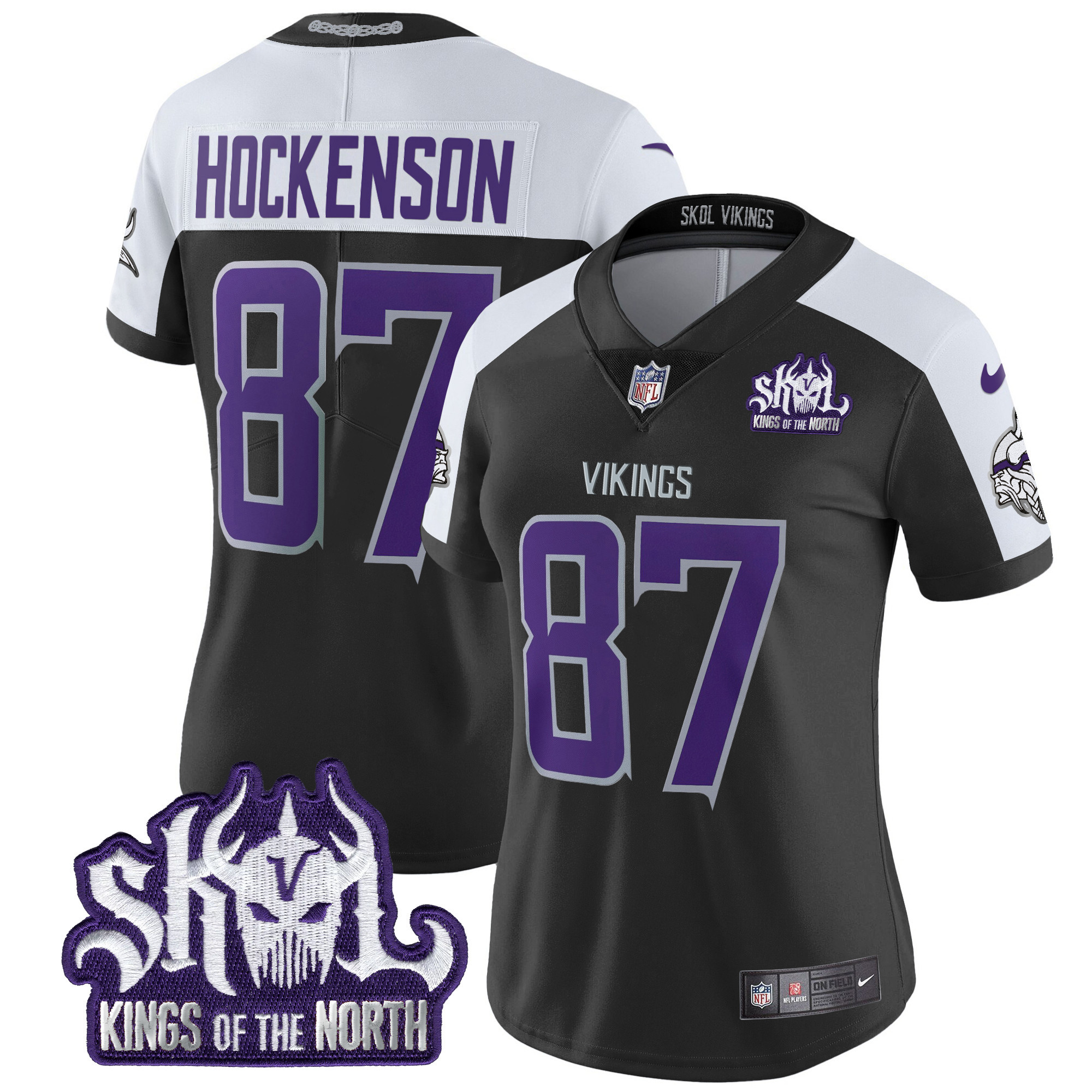 Women's T.J. Hockenson Minnesota Vikings 2024 Winter Warrior Skol Patch Vapor Limited Black Alternate Jersey - All Stitched