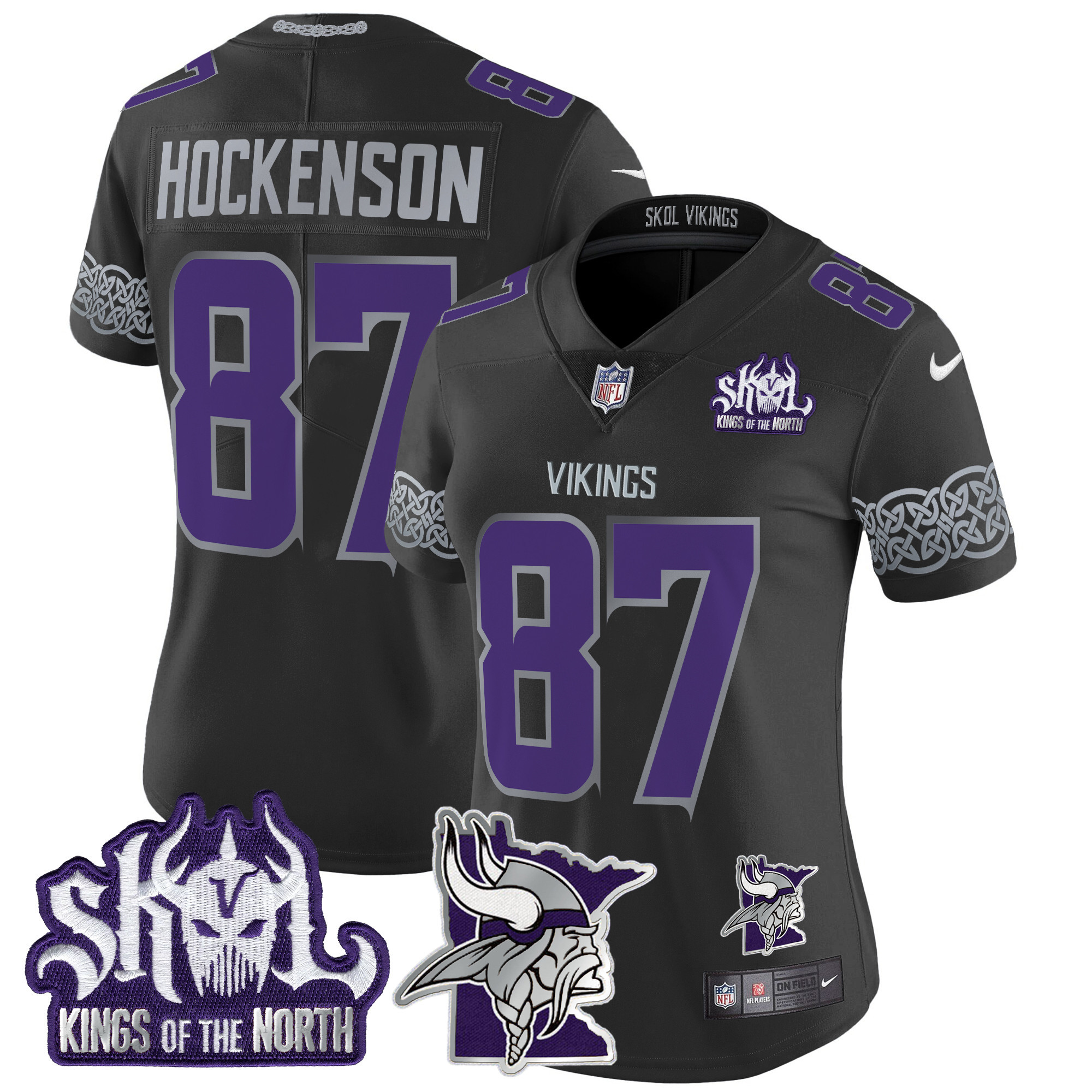 Women's T.J. Hockenson Minnesota Vikings 2024 Winter Warrior Skol Patch Vapor Limited Black Jersey V2 - All Stitched