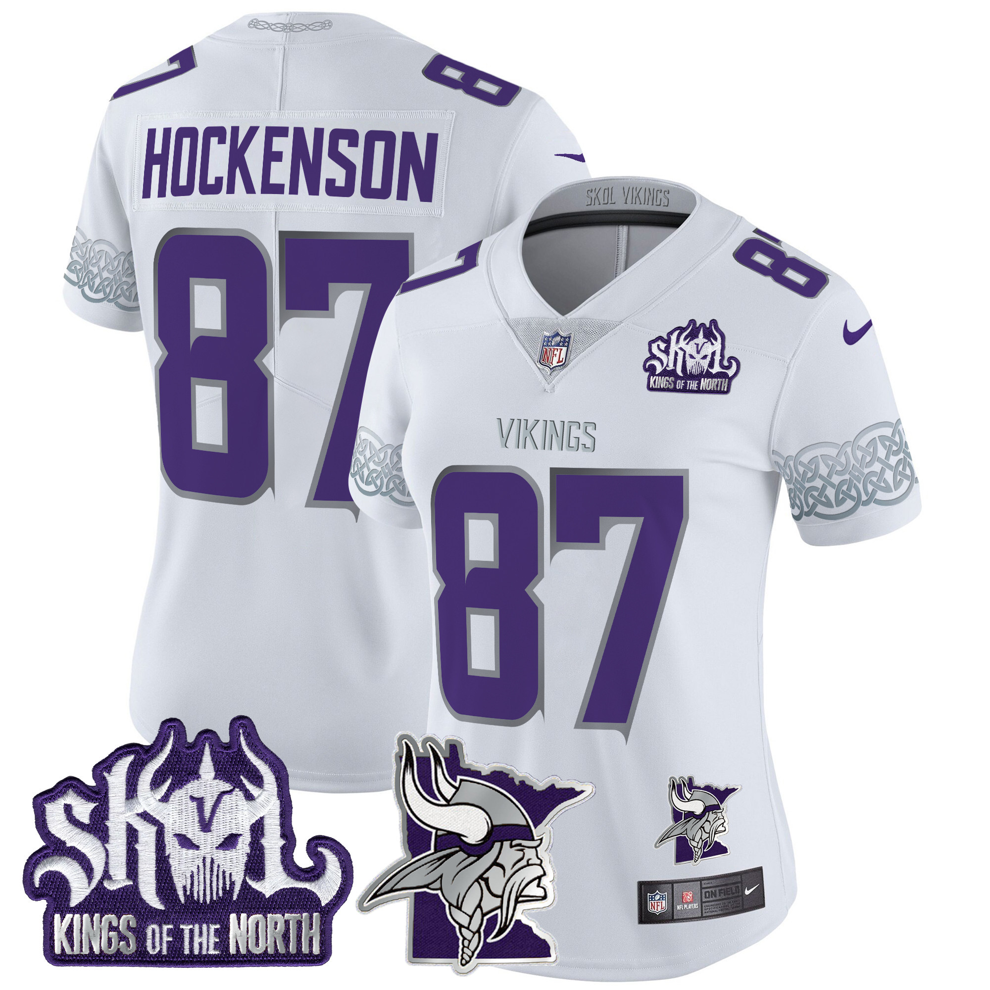 Women's T.J. Hockenson Minnesota Vikings 2024 Winter Warrior Skol Patch Vapor Limited White Jersey V2 - All Stitched