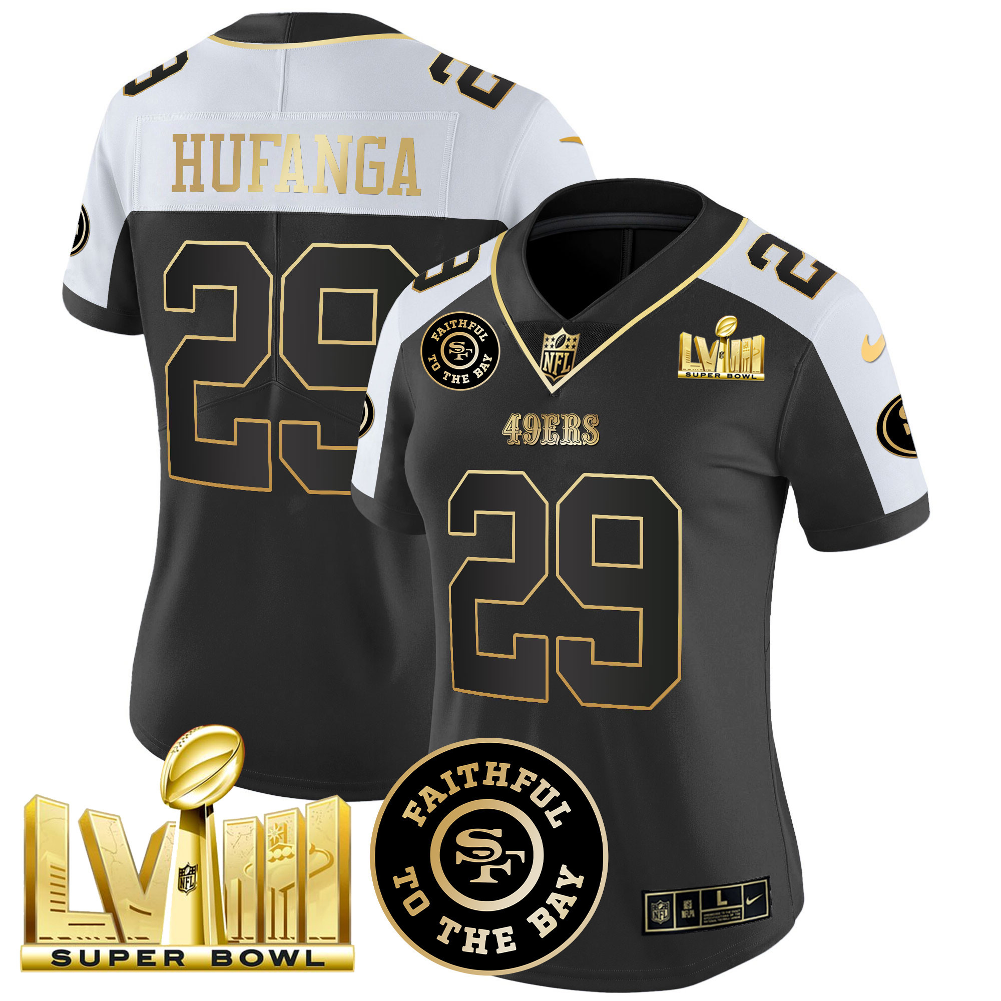 Women's Talanoa Hufanga San Francisco 49ers Faithful & Super Bowl LVIII Gold Patch Vapor Black Alternate Jersey V2 - All Stitched