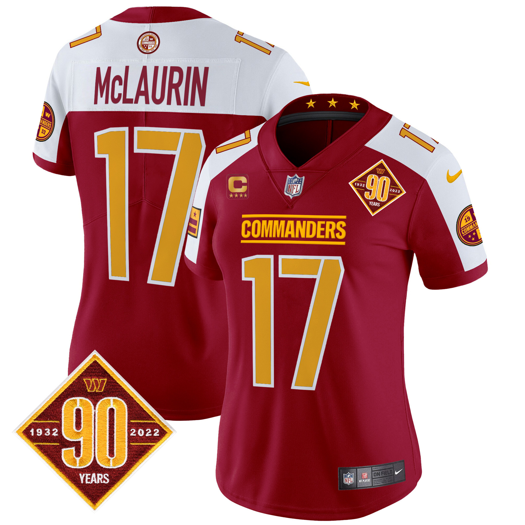 Women's Terry McLaurin Washington Commanders 90th Anniversary Patch Vapor Limited Burgundy Alternate Jersey - All Stitched
