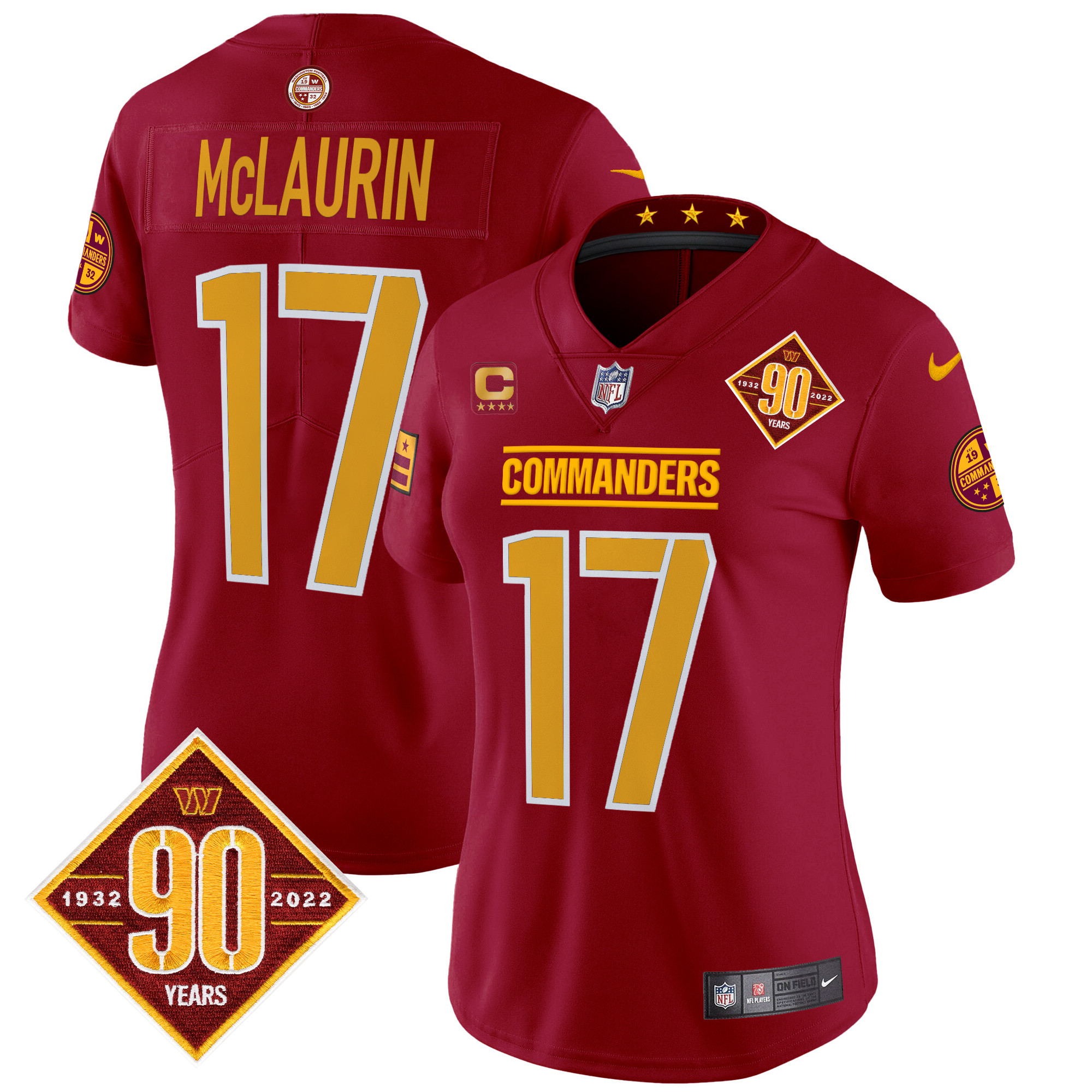 Women's Terry McLaurin Washington Commanders 90th Anniversary Patch Vapor Limited Burgundy Jersey - All Stitched
