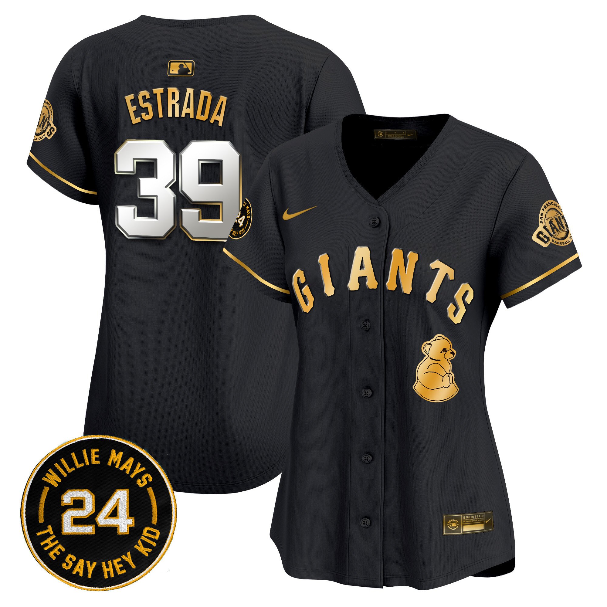 Women's Thairo Estrada San Francisco Giants 2024 Willie Mays Patch Vapor Premier Limited Black Gold Jersey V4 - All Stitched