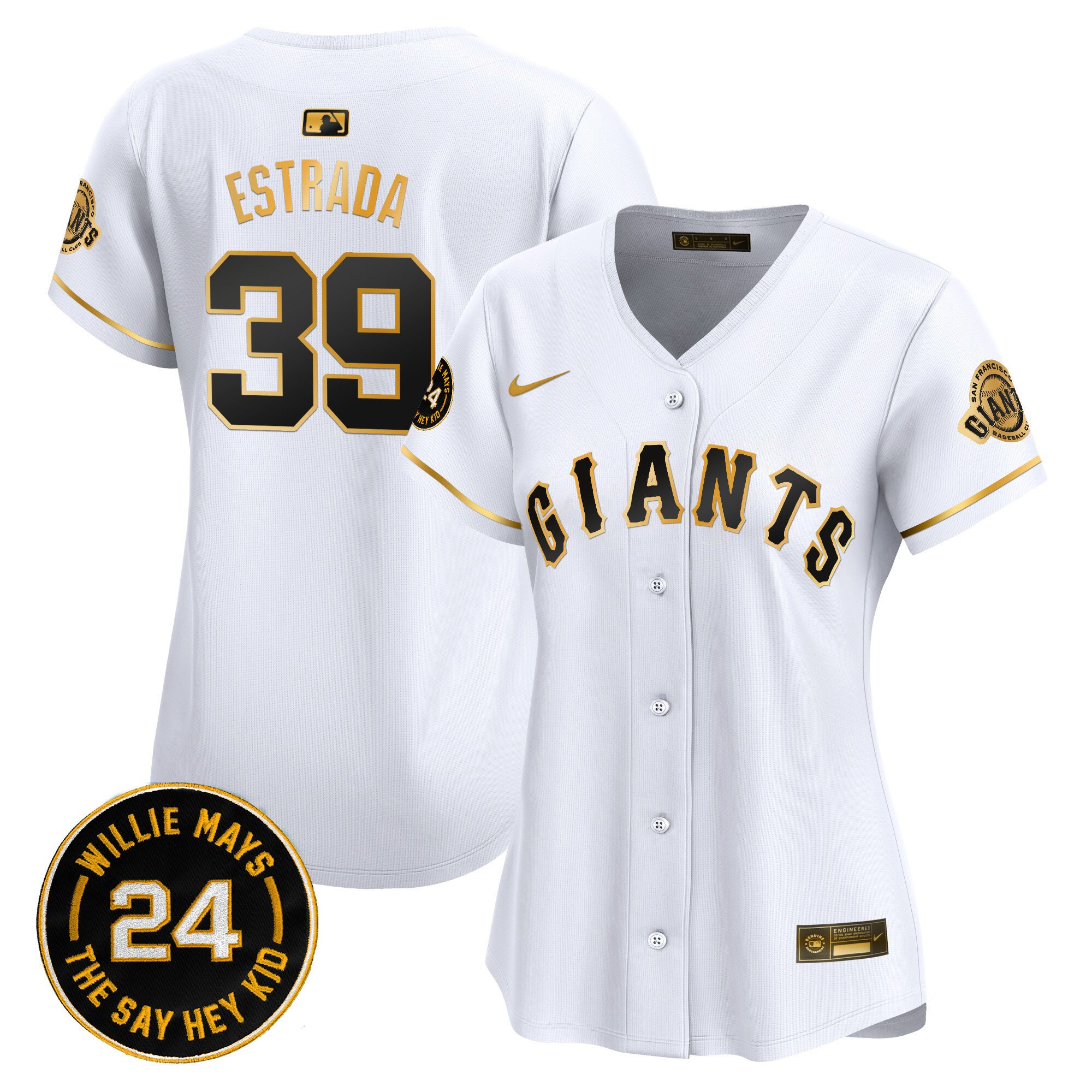 Women's Thairo Estrada San Francisco Giants 2024 Willie Mays Patch Vapor Premier Limited White Gold Jersey - All Stitched