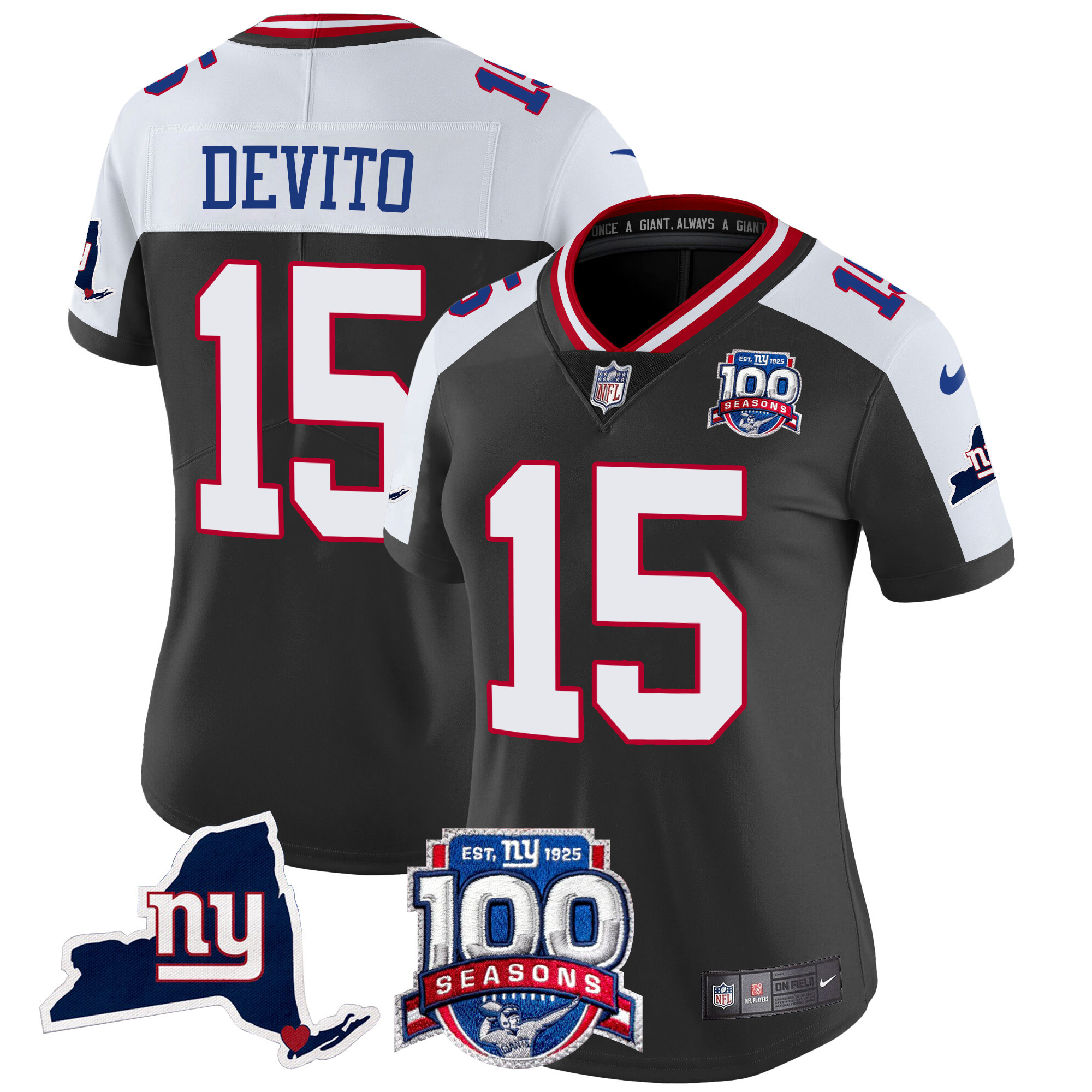 Women's Tommy DeVito New York Giants 100th Season & State Patch Vapor Limited Black Alternate Jersey - All Stitched