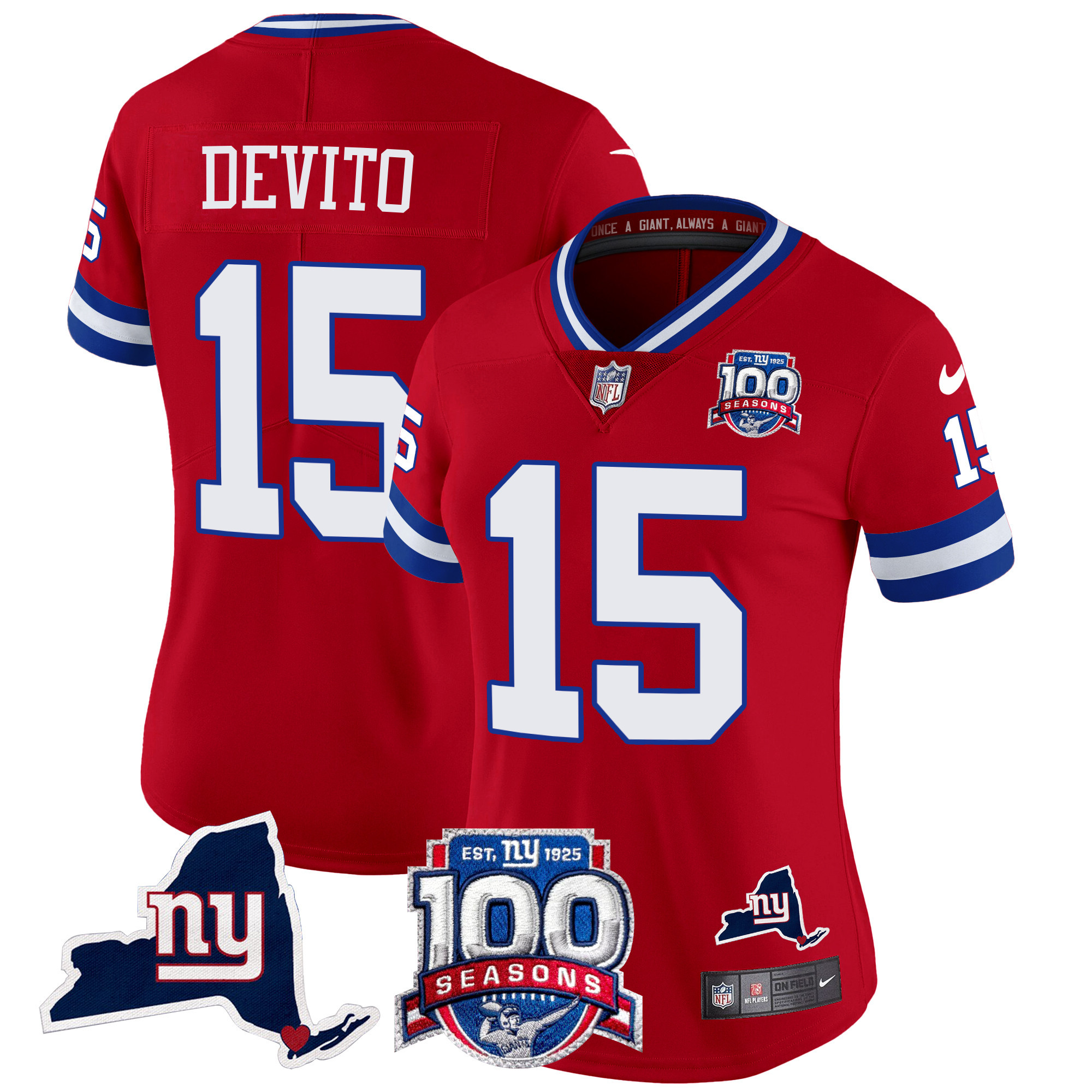 Women's Tommy DeVito New York Giants 100th Season & State Patch Vapor Limited Red Jersey - All Stitched