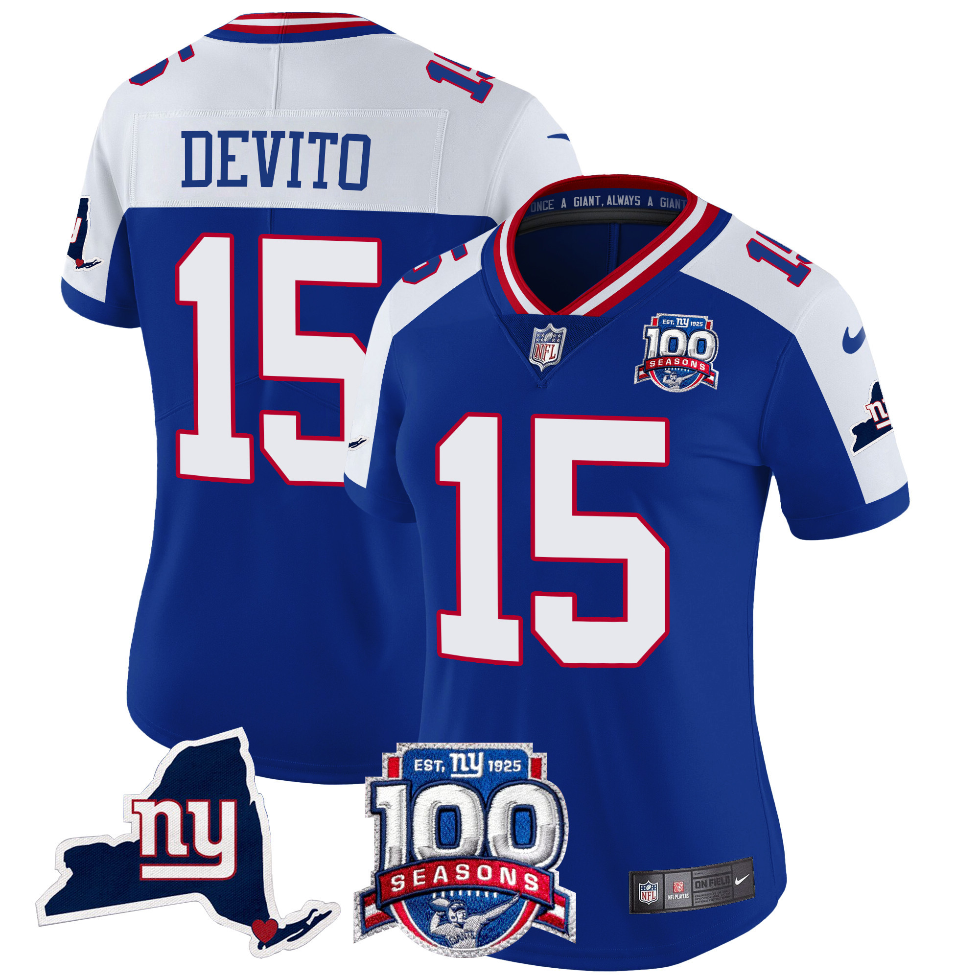 Women's Tommy DeVito New York Giants 100th Season & State Patch Vapor Limited Royal Alternate Jersey - All Stitched