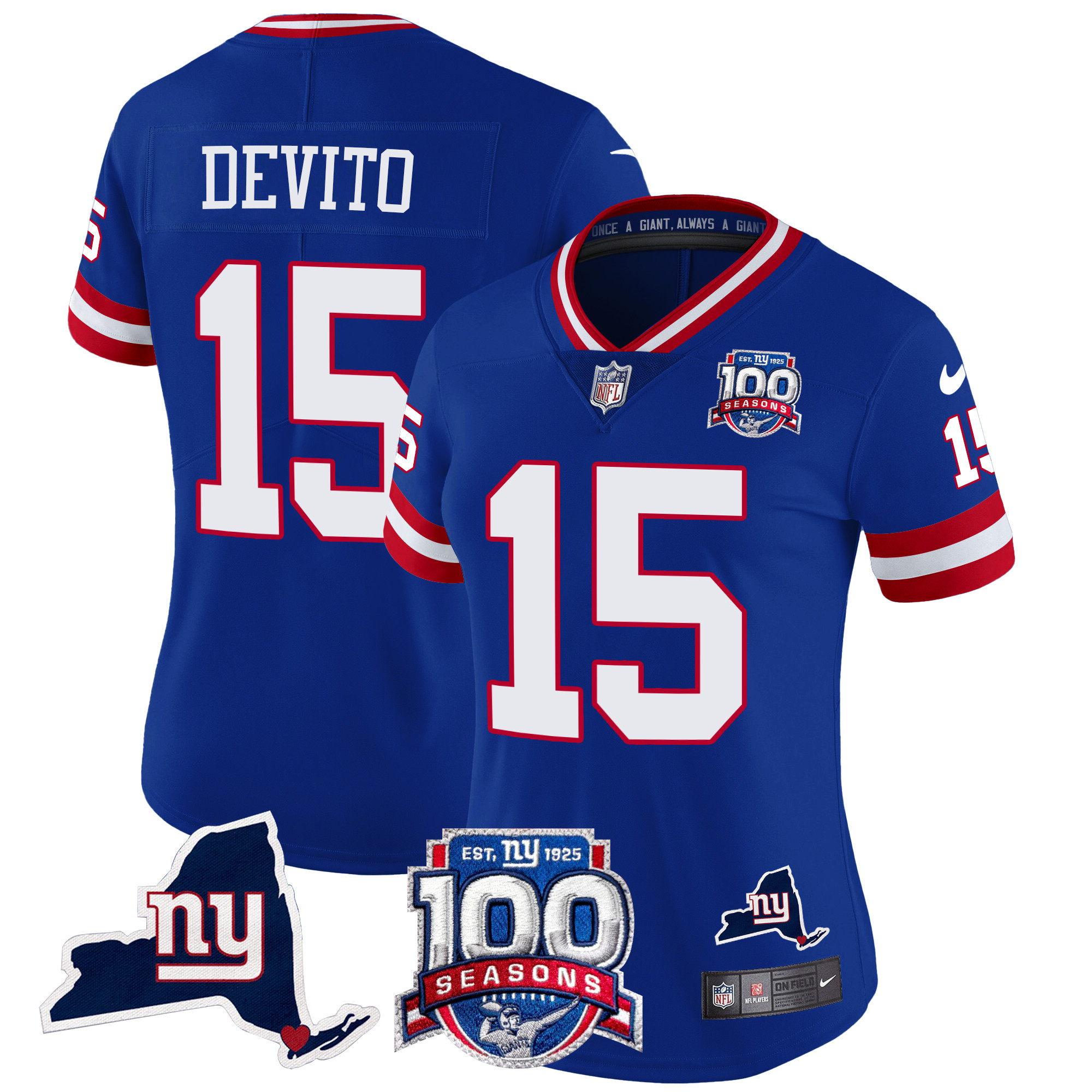 Women's Tommy DeVito New York Giants 100th Season & State Patch Vapor Limited Royal Jersey - All Stitched