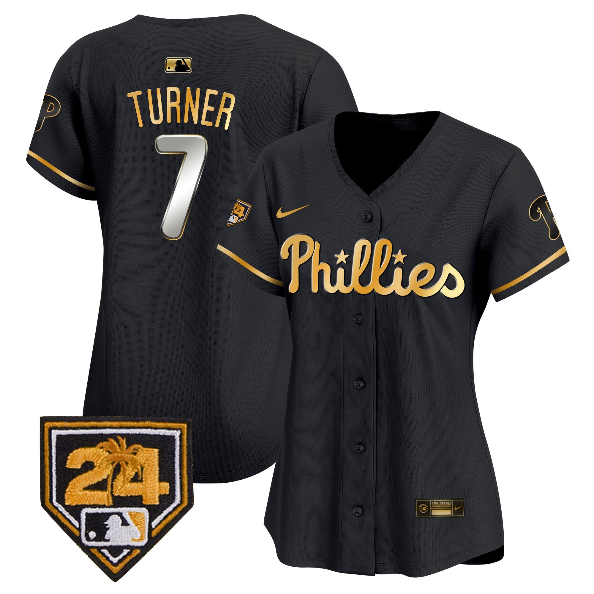 Women's Trea Turner Philadelphia Phillies 2024 Spring Training Patch Vapor Premier Limited Black Gold Jersey - All Stitched