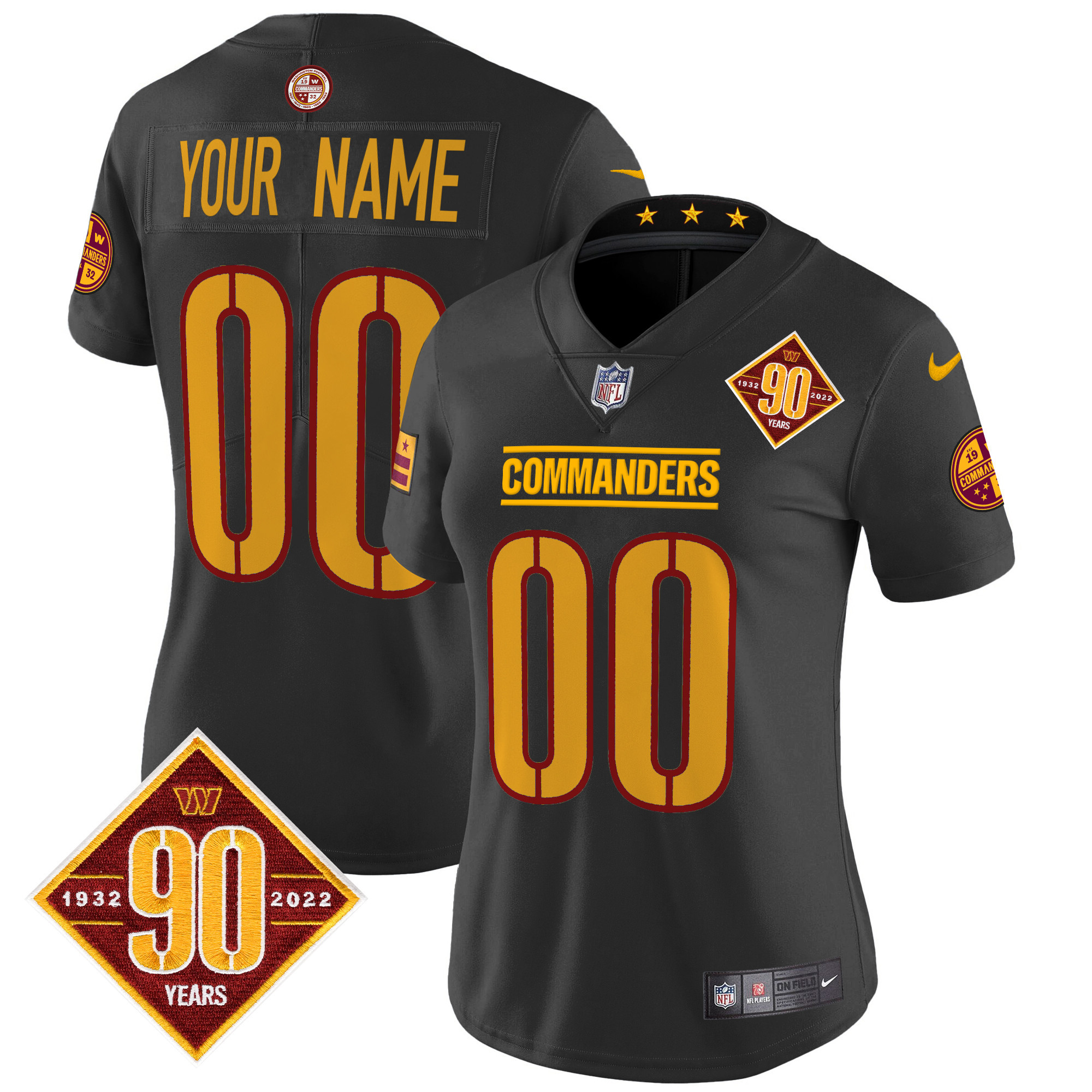 Women's Washington Commanders 90th Anniversary Patch Vapor Limited Custom Black Jersey - All Stitched