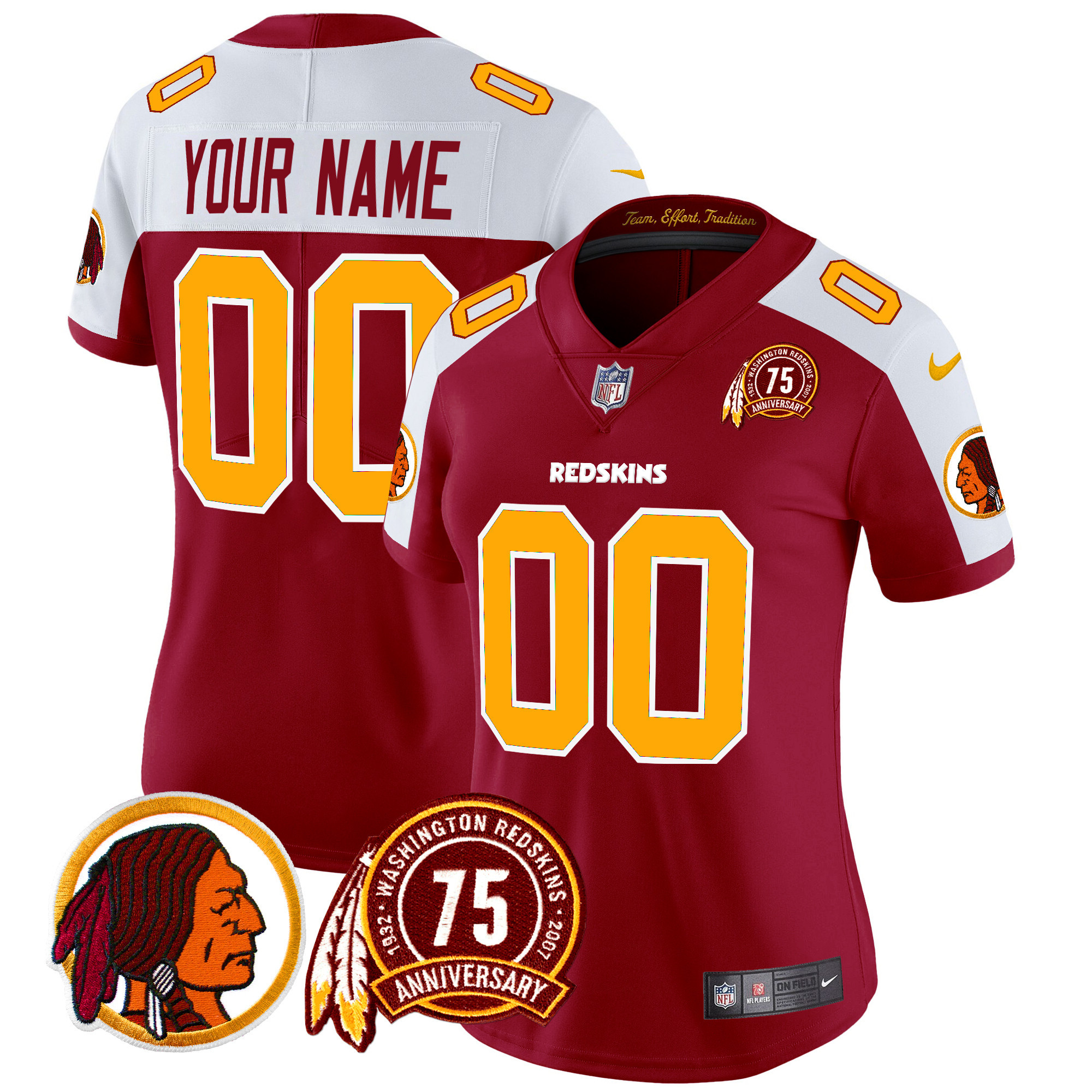 Women's Washington Redskins 75th Patch Throwback Vapor Limited Custom Burgundy Alternate Jersey - All Stitched