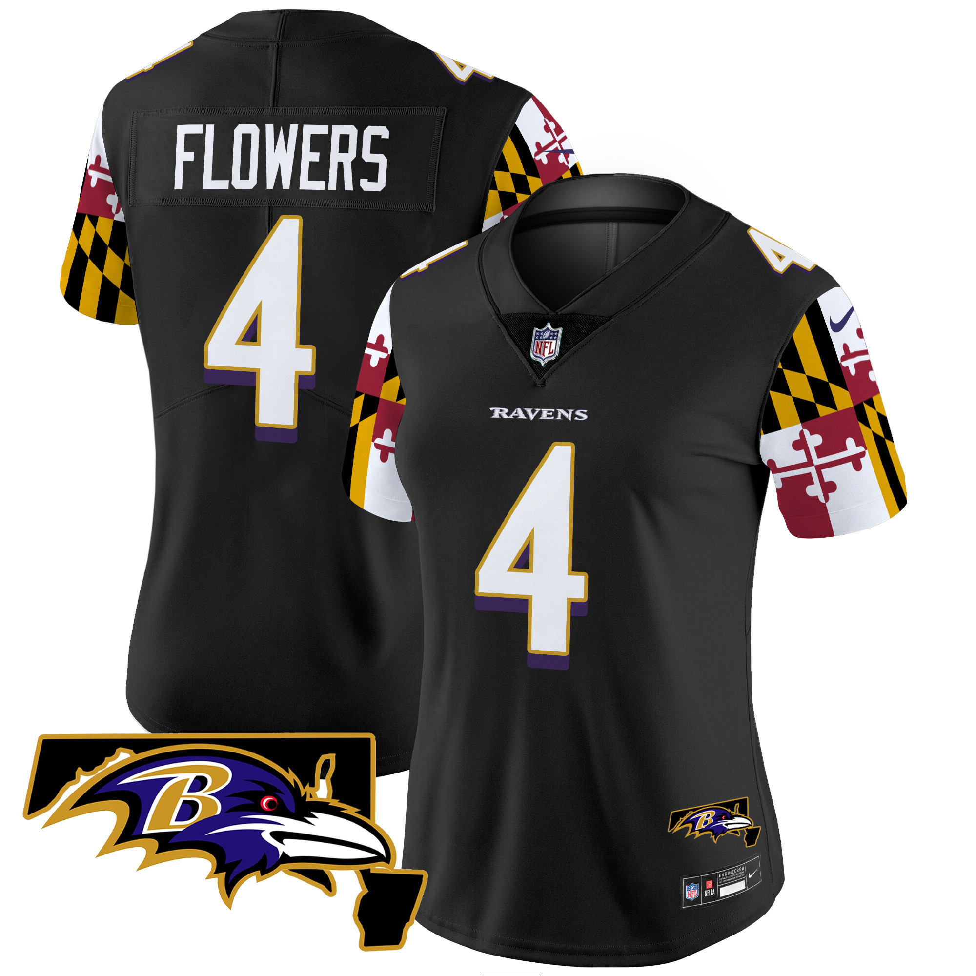 Women's Zay Flowers Baltimore Ravens Maryland Flag Vapor Limited Black Jersey V2 - All Stitched