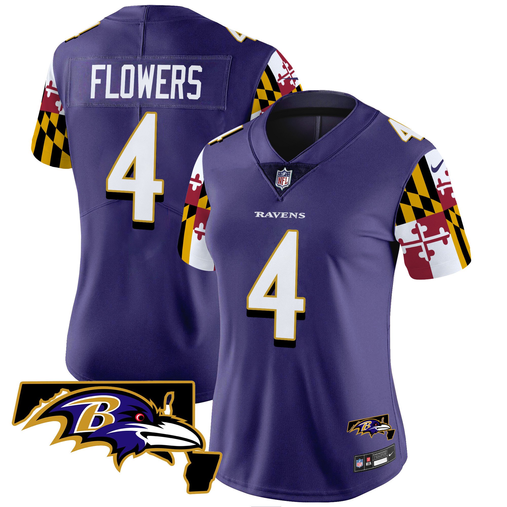 Women's Zay Flowers Baltimore Ravens Maryland Flag Vapor Limited Purple Jersey V2 - All Stitched