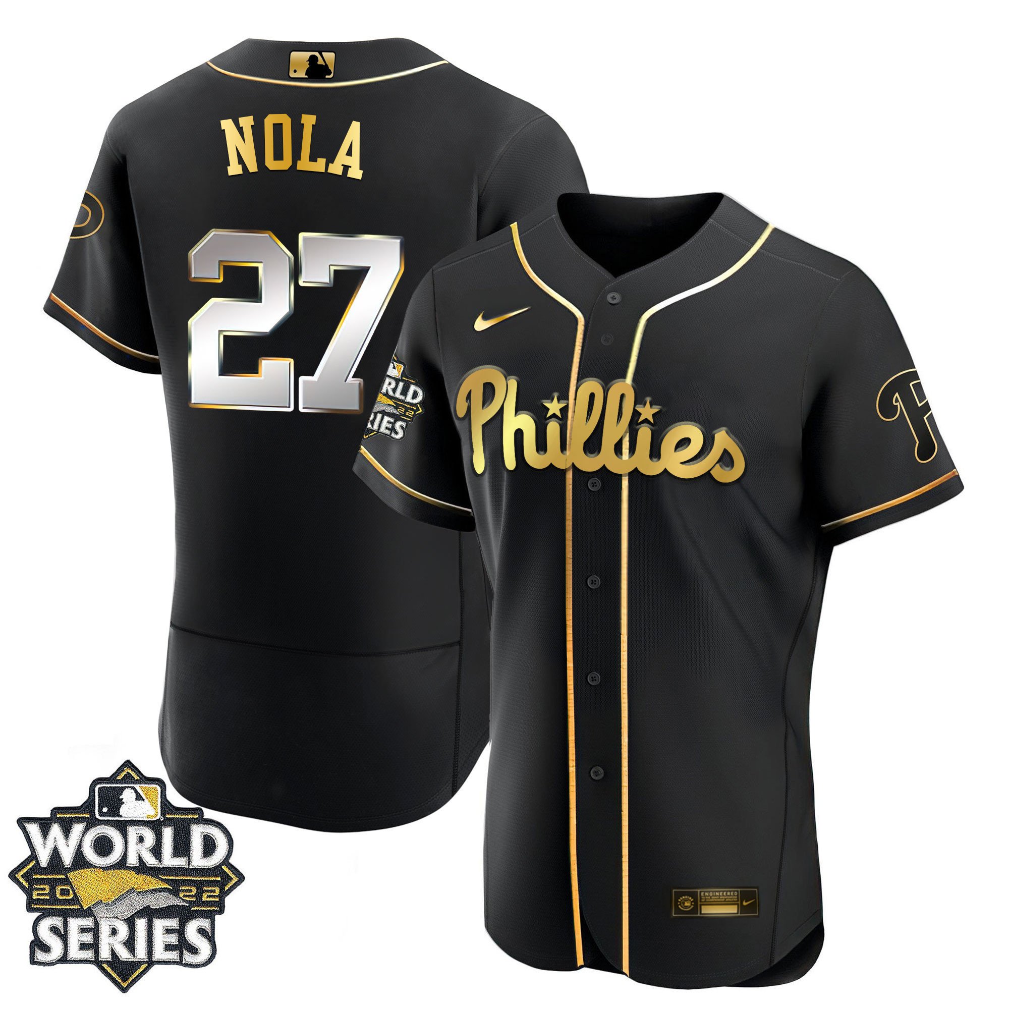 Youth's Aaron Nola Philadelphia Phillies Gold 2022 World Series Flex Black Jersey Limited- All Stitched