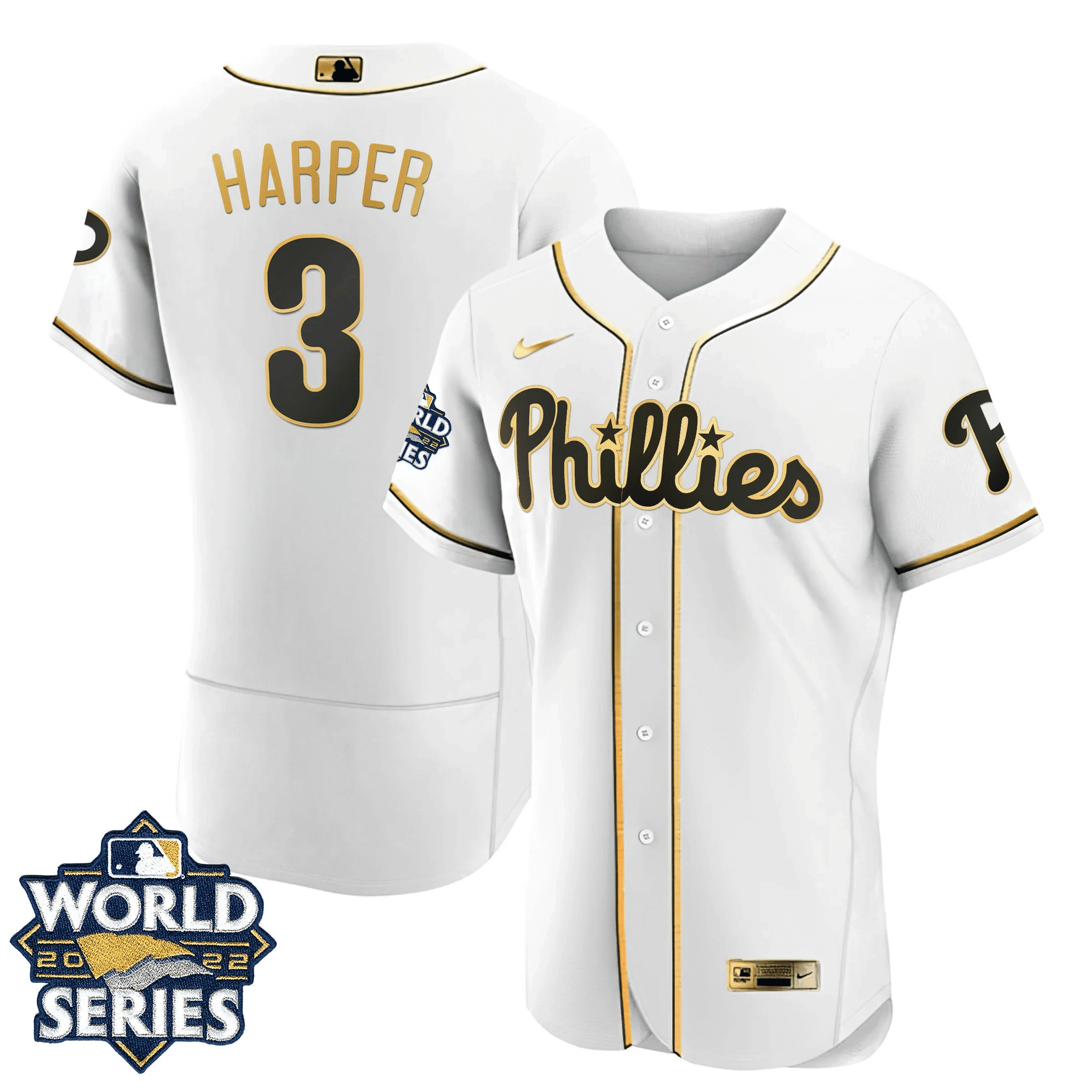 Youth's Bryce Harper Philadelphia Phillies Gold 2022 World Series Flex White Jersey Limited- All Stitched
