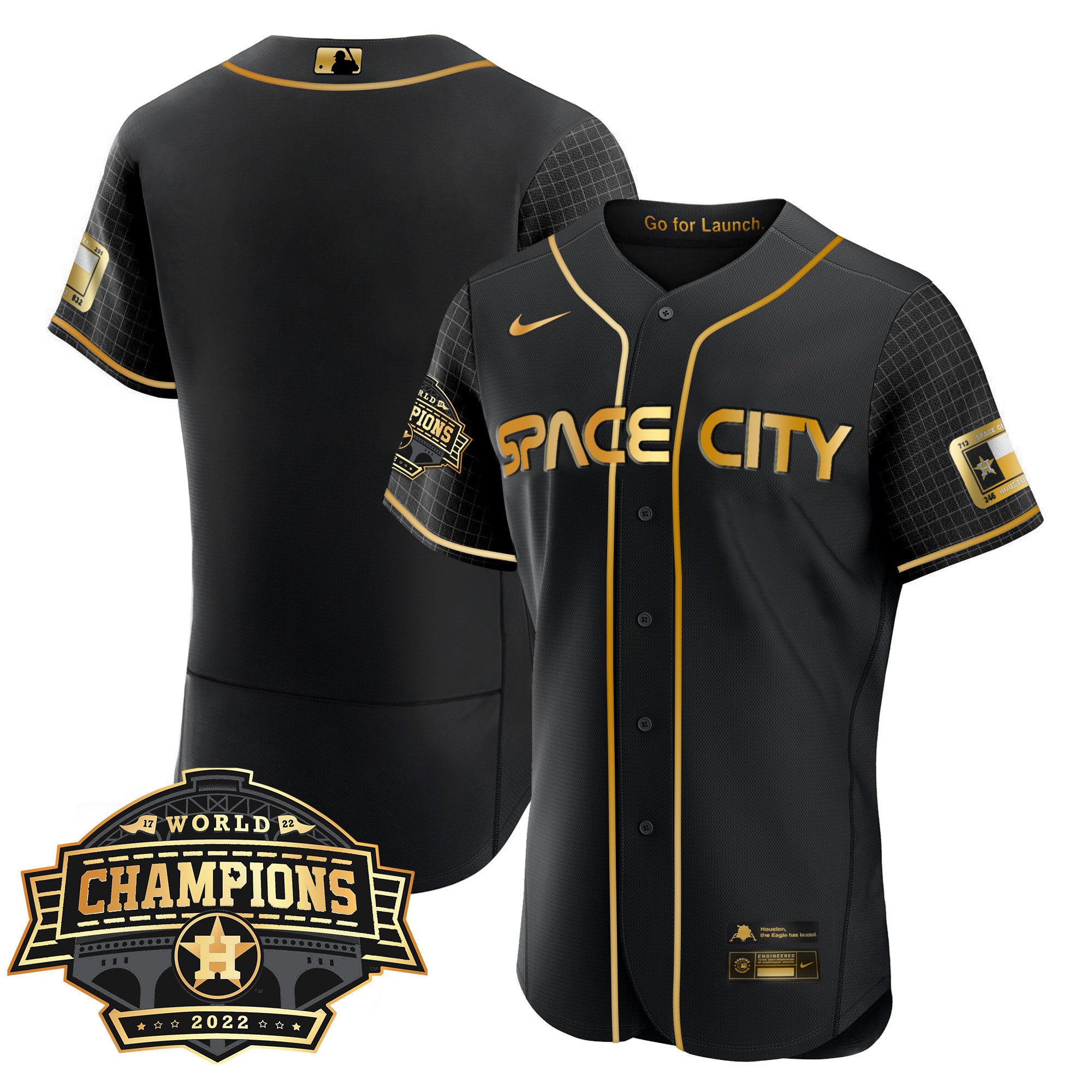 Youth's Houston Astros Space City 2022 World Series Champions Patch Limited Flex Black Jersey Ã± All Stitched