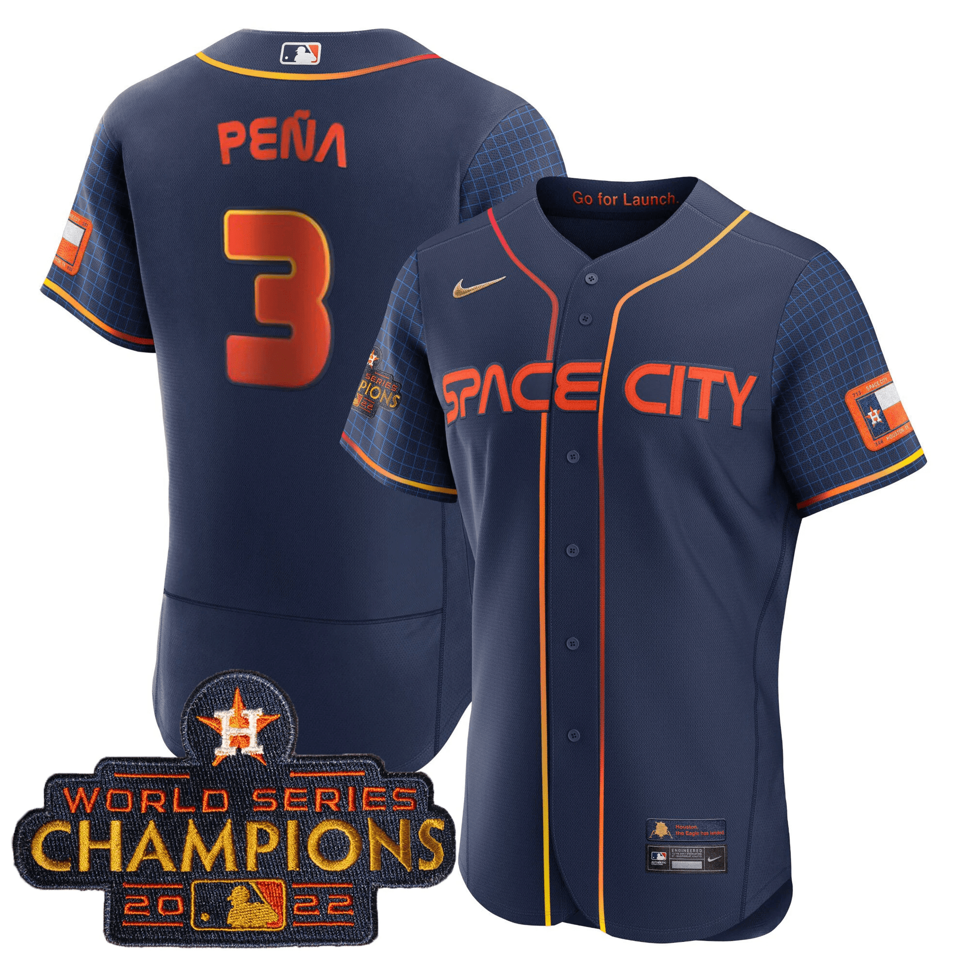Youth's Jeremy Pena Houston Astros 2023 Space City Champions Flex Navy Jersey Ã± All Stitched