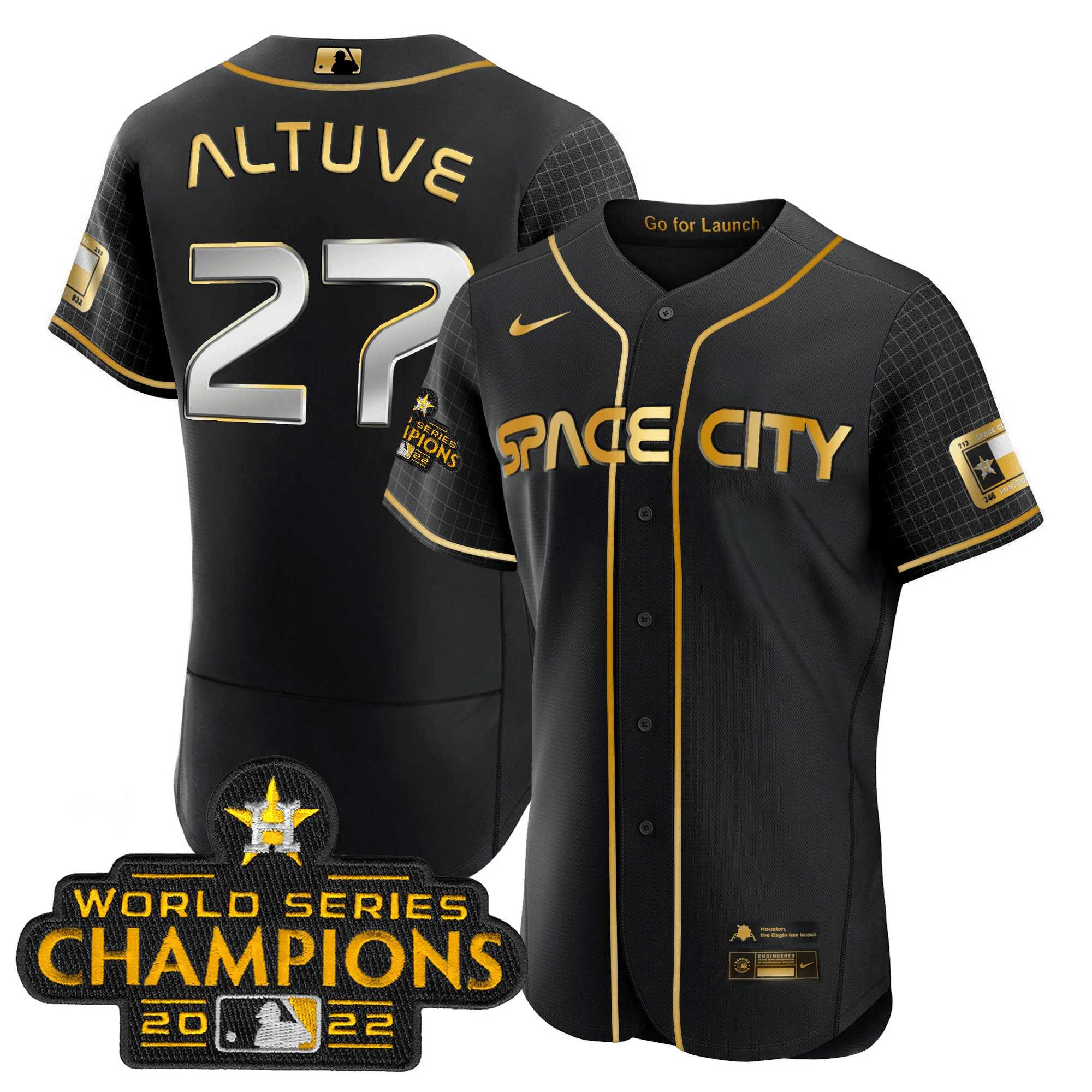 Youth's JosÃˆ Altuve Houston Astros 2023 Space City Champions Flex Black Gold Jersey Ã± All Stitched