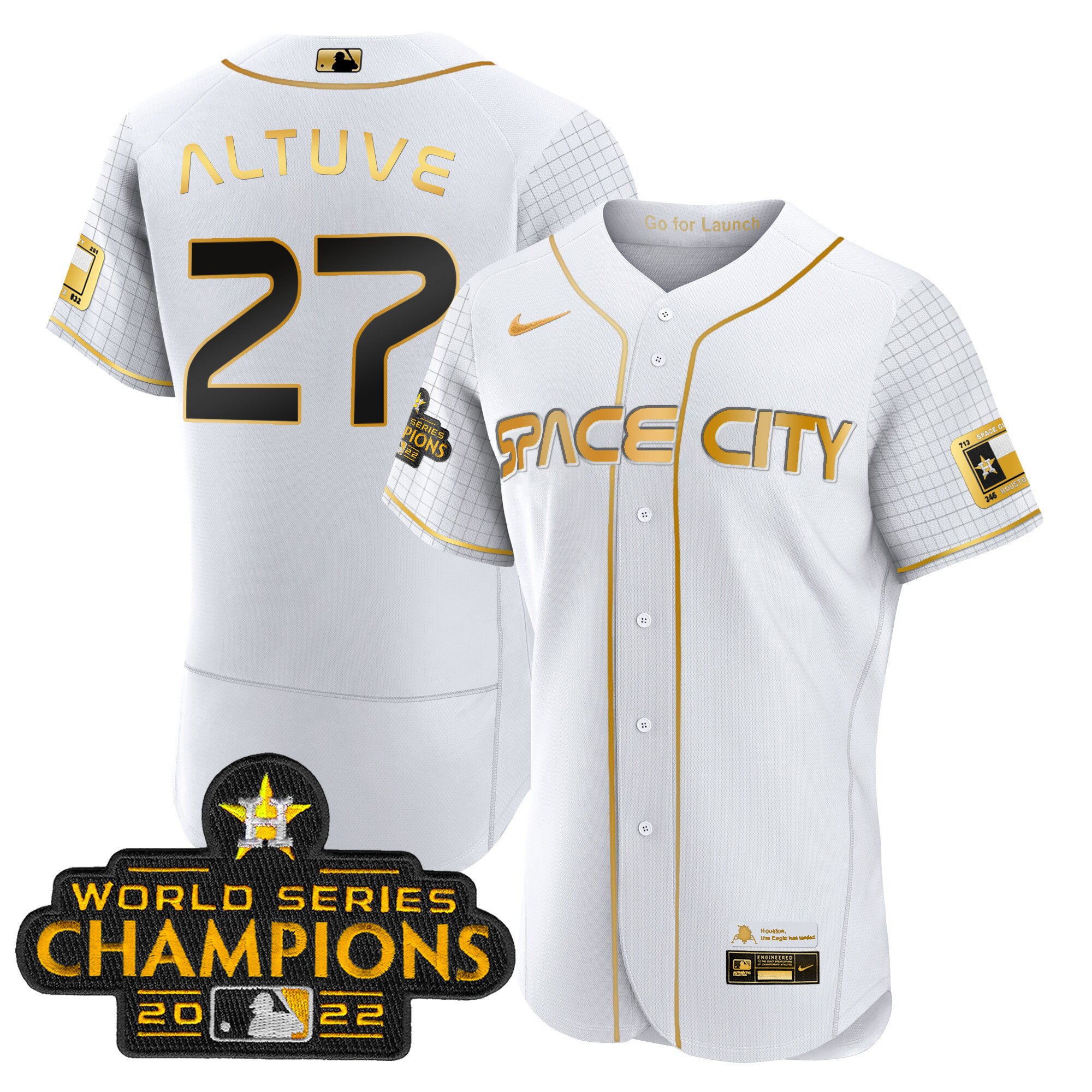 Youth's JosÃˆ Altuve Houston Astros 2023 Space City Champions Flex White Gold Jersey Ã± All Stitched