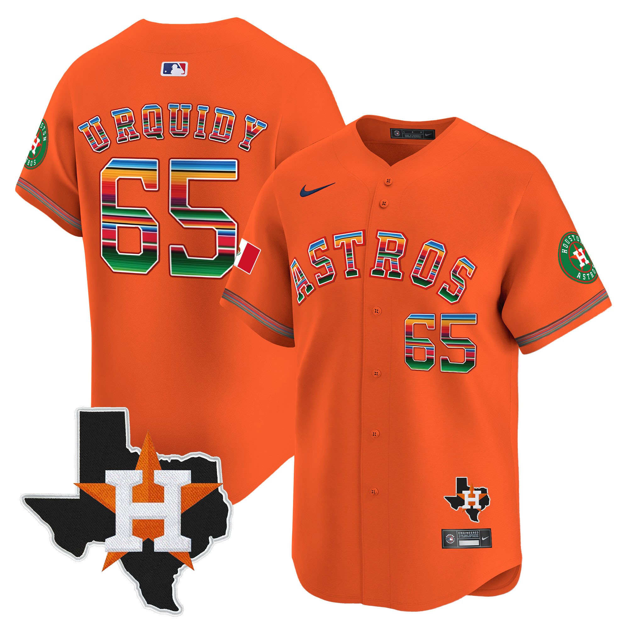 Youth's Jose Urquidy Houston Astros Mexico Texas Patch Vapor Premier Limited Orange Jersey - All Stitched