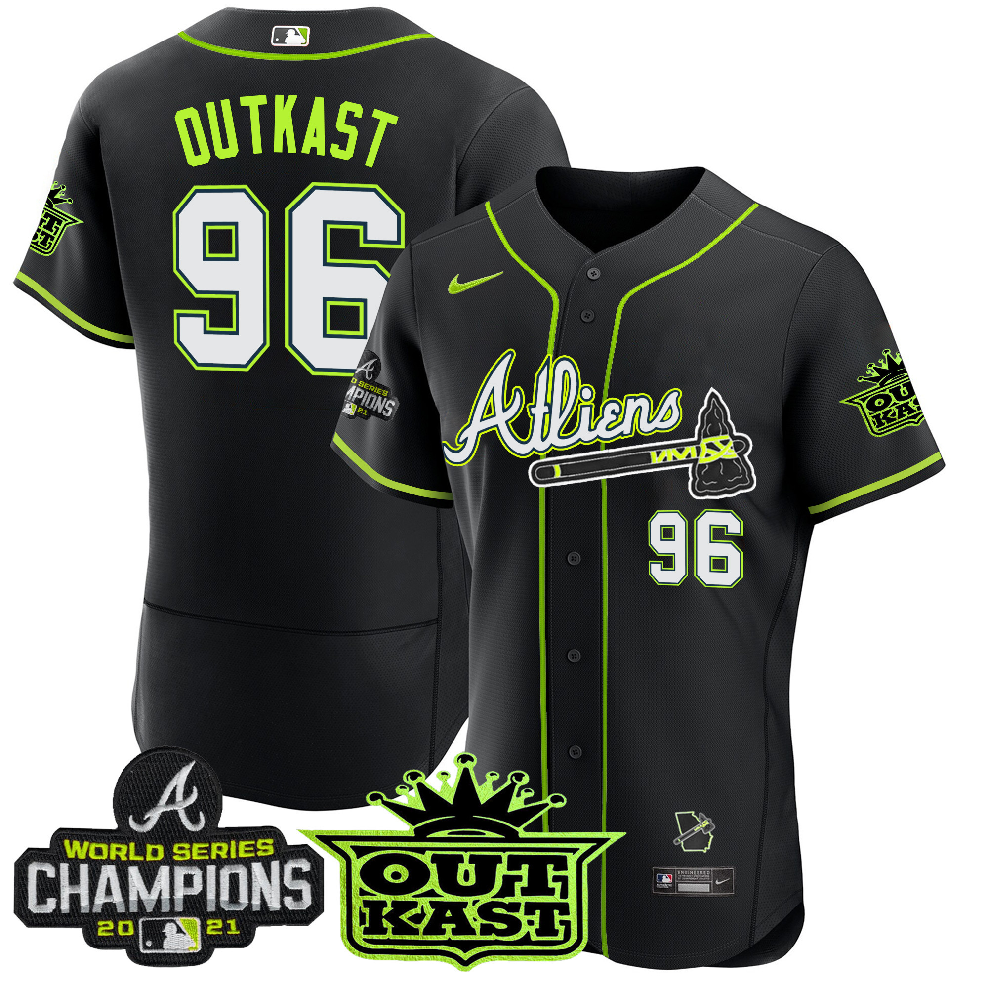OutKast Men's Atlanta Braves Atliens Champions Flex Base Black Jersey - All Stitched