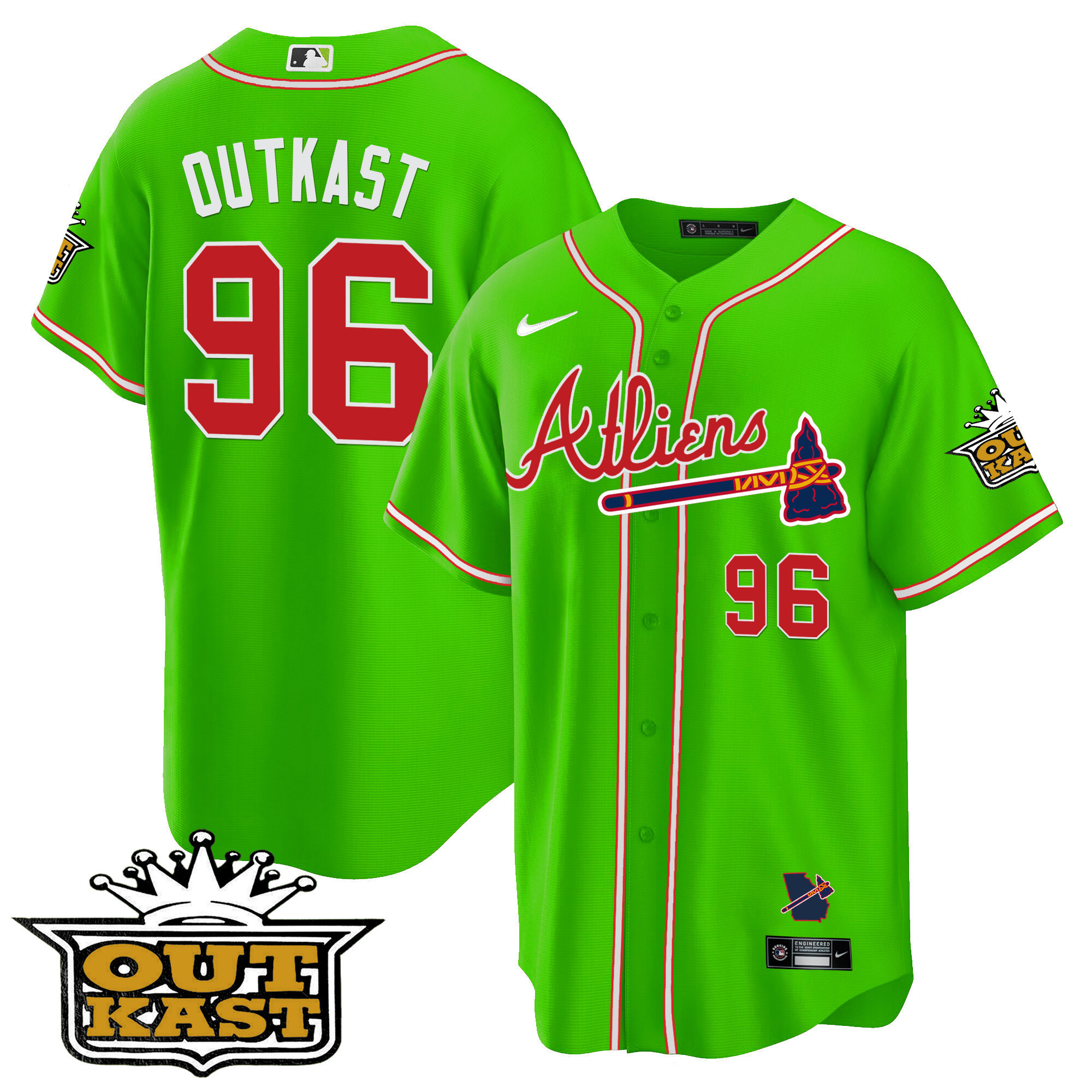 OutKast Men's Atlanta Braves Atliens Cool Base Bright Green Jersey - All Stitched