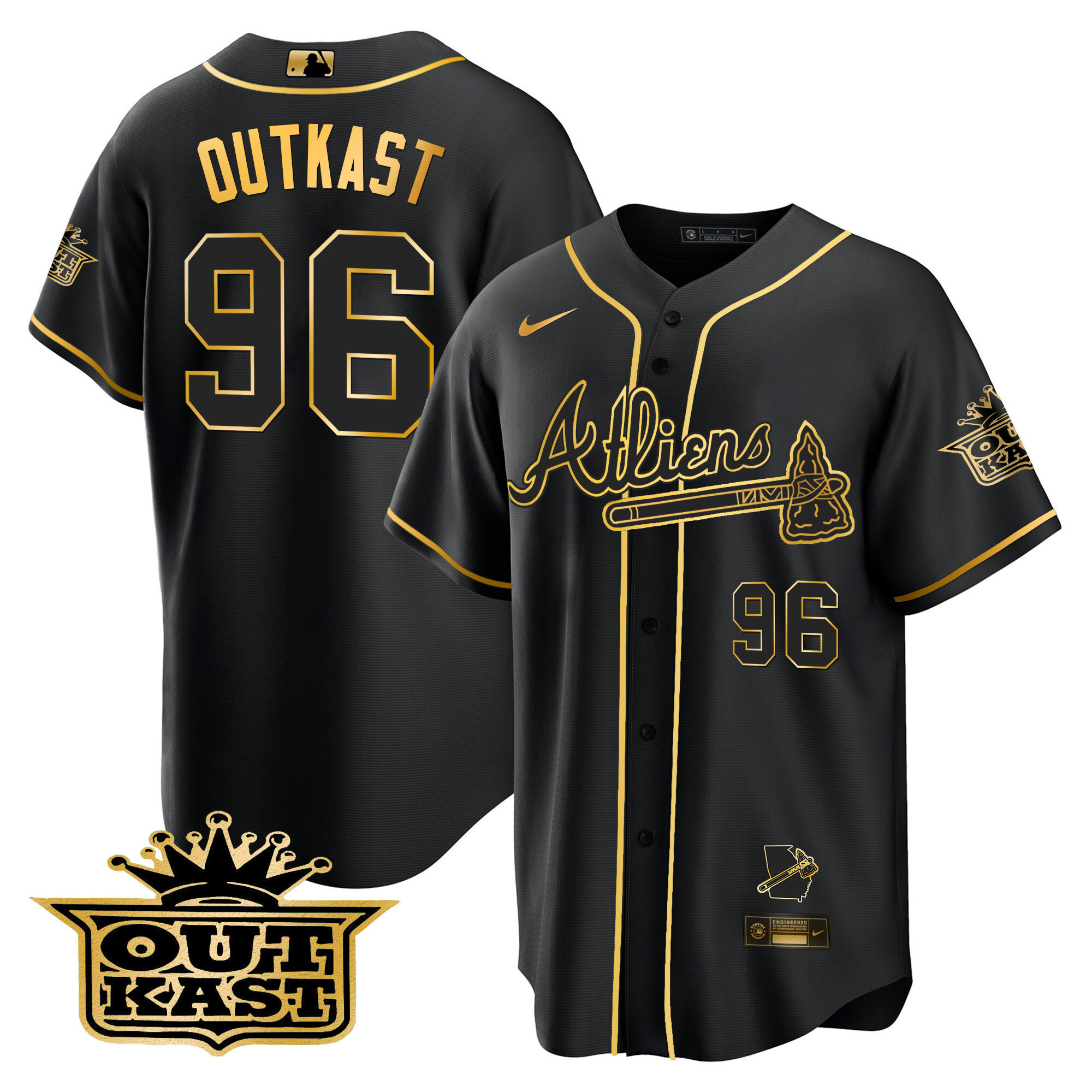 OutKast Men's Atlanta Braves Atliens Cool Base V2 Black Gold Jersey - All Stitched
