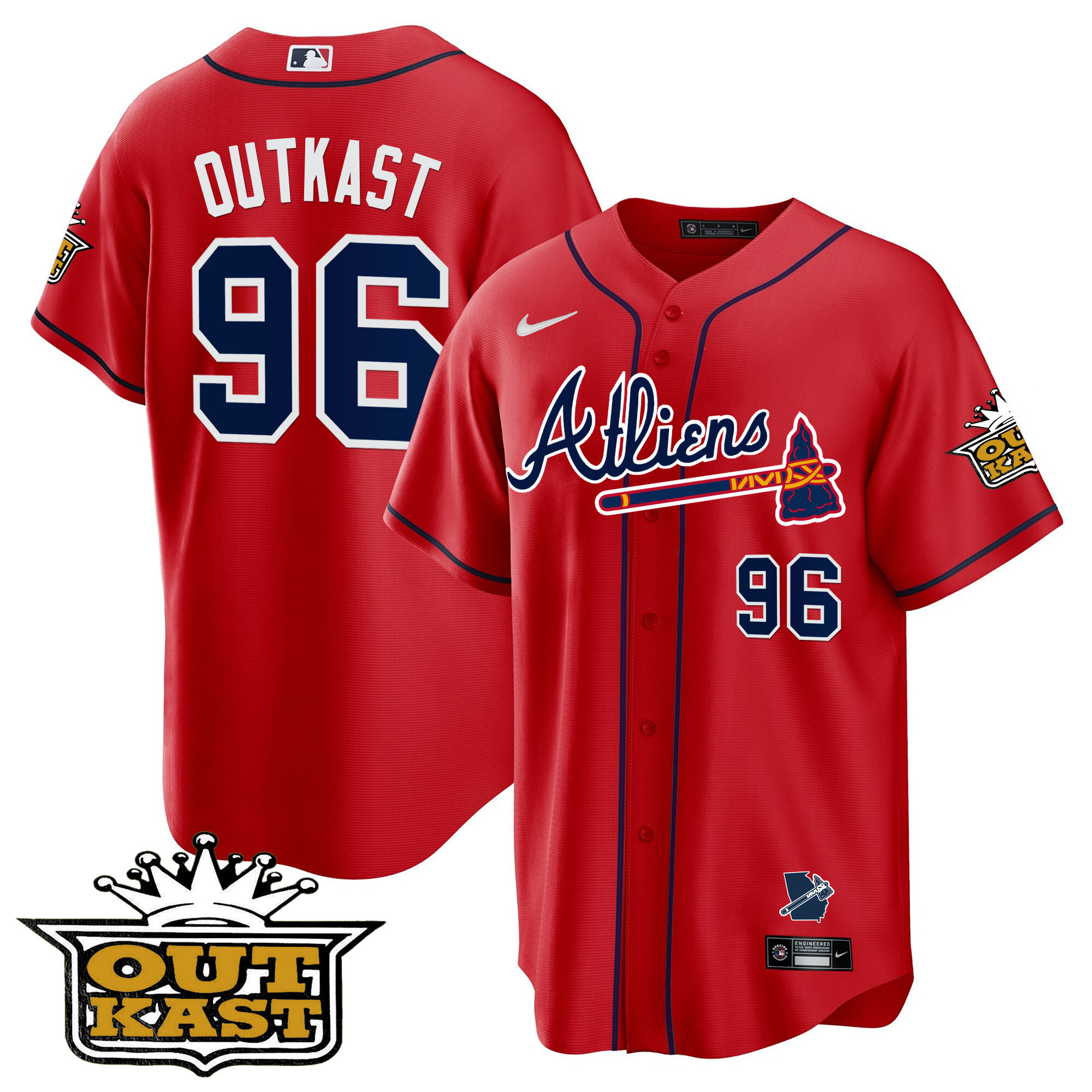 OutKast Men's Atlanta Braves Atliens Cool Base V2 Red Jersey - All Stitched