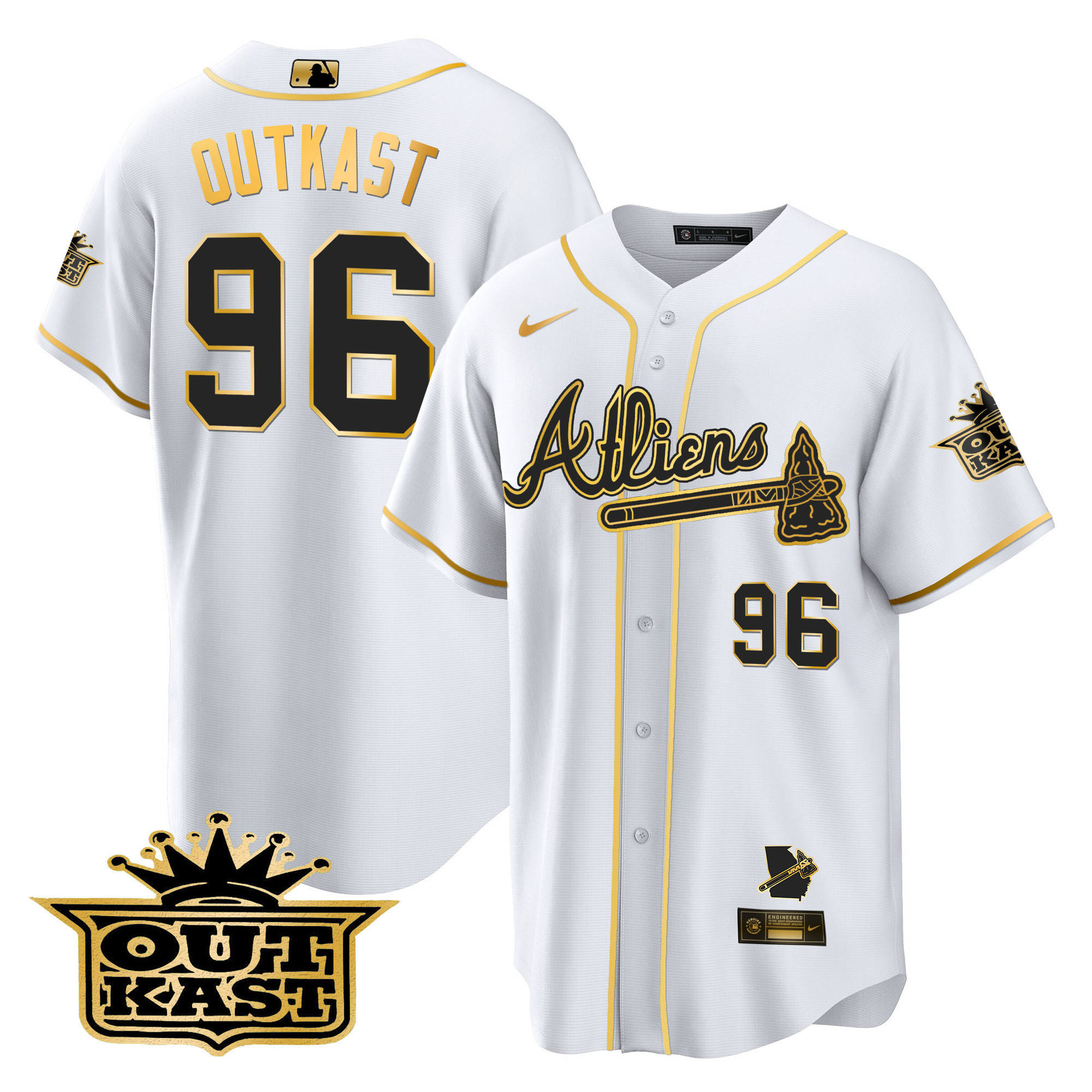 OutKast Men's Atlanta Braves Atliens Cool Base V2 White Gold Jersey - All Stitched