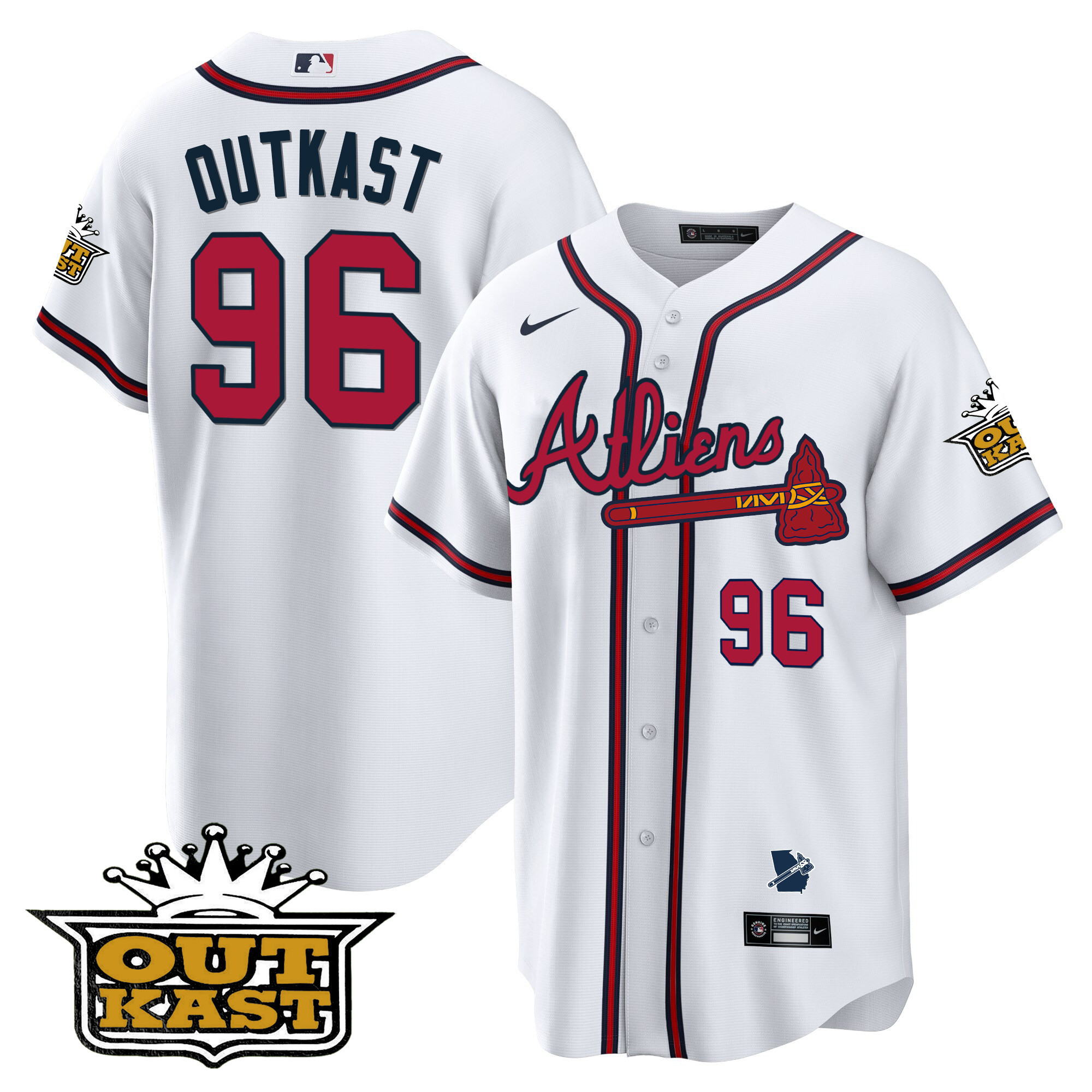 OutKast Men's Atlanta Braves Atliens Cool Base V2 White Jersey - All Stitched